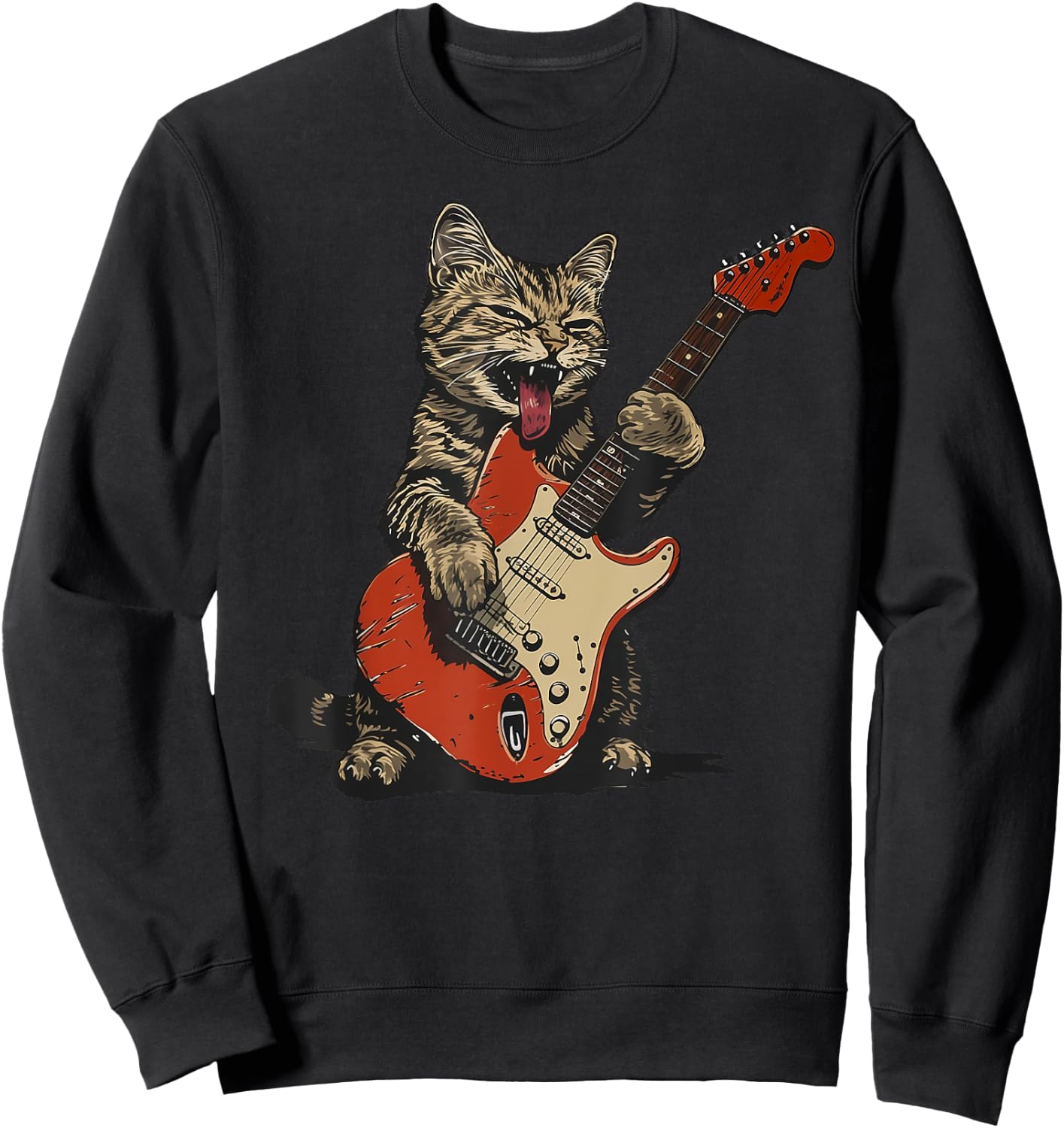 Rock and Roll Guitar Cat Vintage ROCK Guitarist Cat Men Women Girls Kids Sweatshirt - Sweatshirt | Black