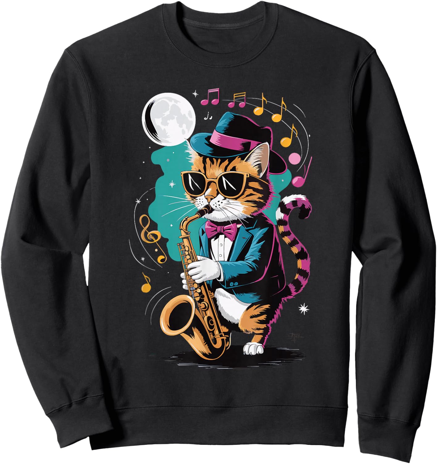 Cat Playing Saxophone Men Women Kids Sweatshirt - Sweatshirt | Black