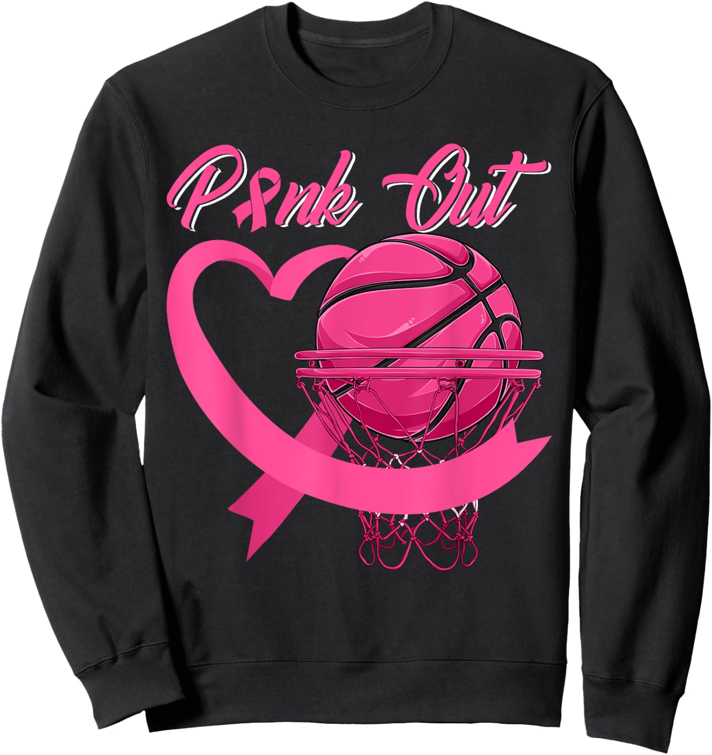 Pink Out Breast Cancer Pink Ribbon Heart & Basketball Ball Sweatshirt - Sweatshirt | Black