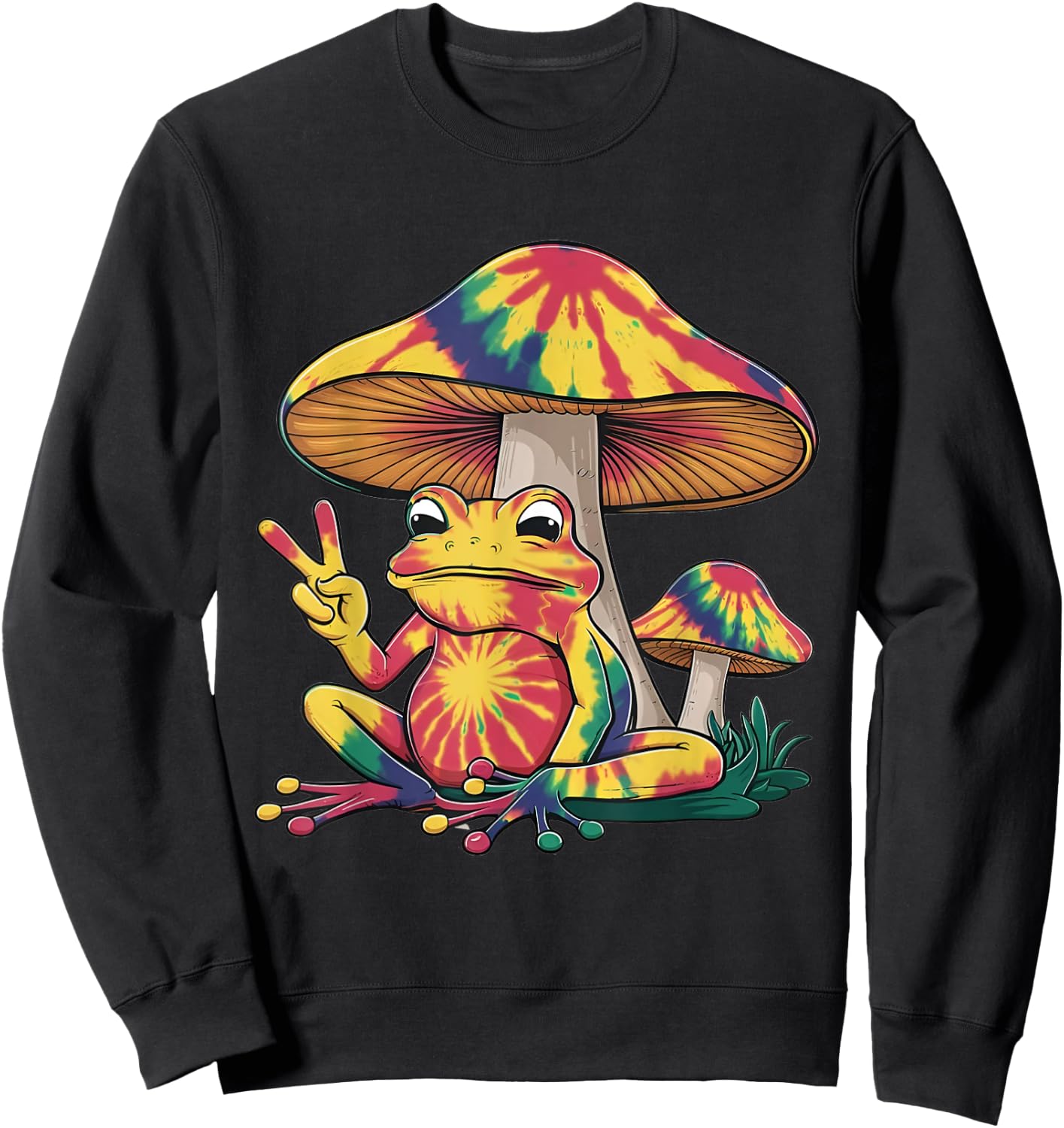 Tie Dye Mushroom and Frog Peace Sign Hippie Animal Vintage Sweatshirt - Sweatshirt | Black