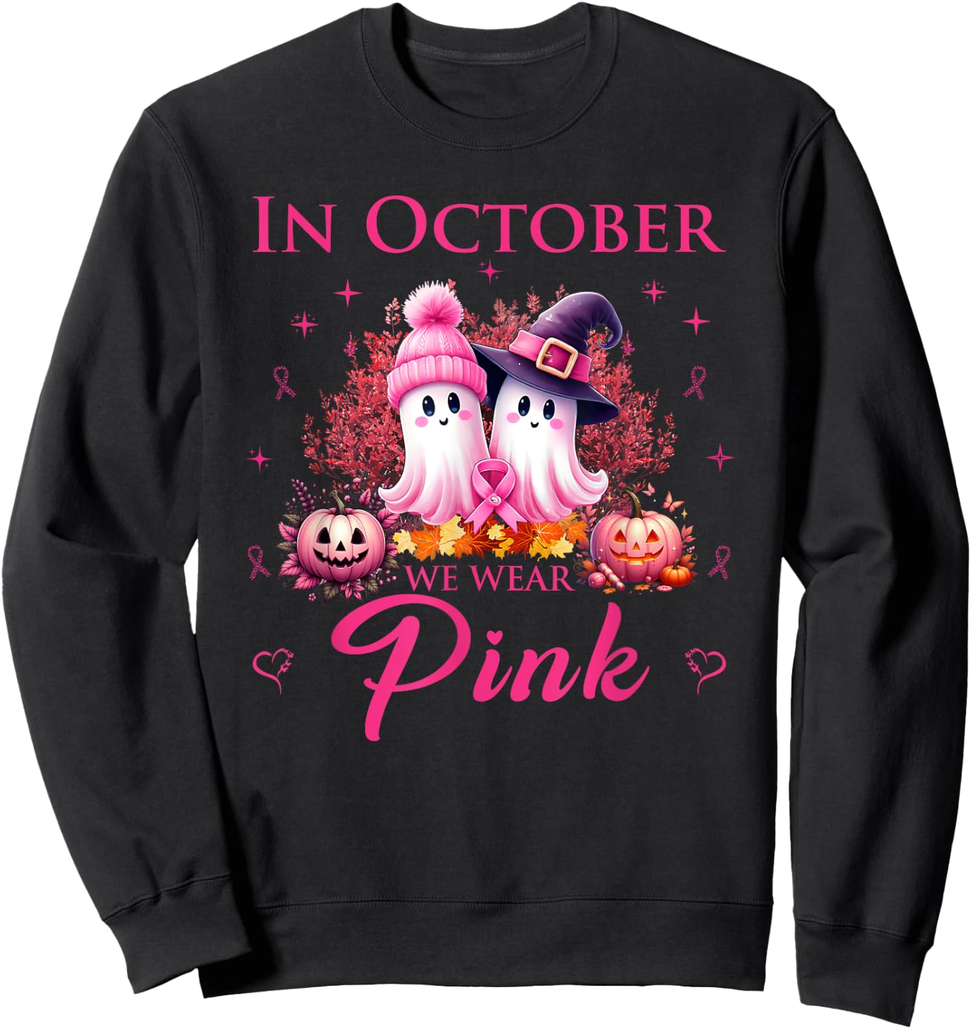In October We Wear Pink Ghost Breast Cancer Awareness Sweatshirt - Sweatshirt | Black