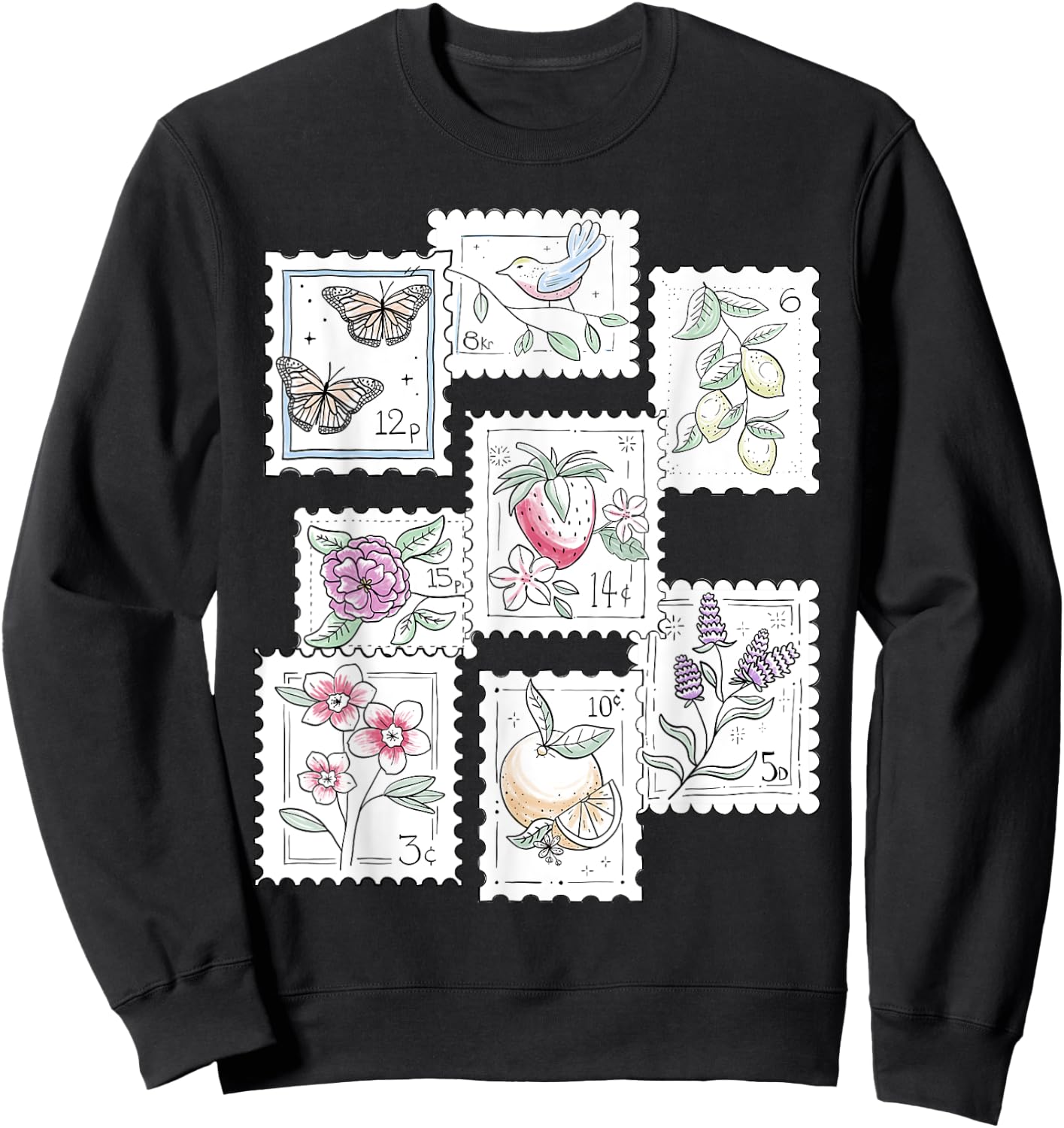 Postage Stamp Pattern Flowers Butterflies Bird Strawberry Sweatshirt - Sweatshirt | Black