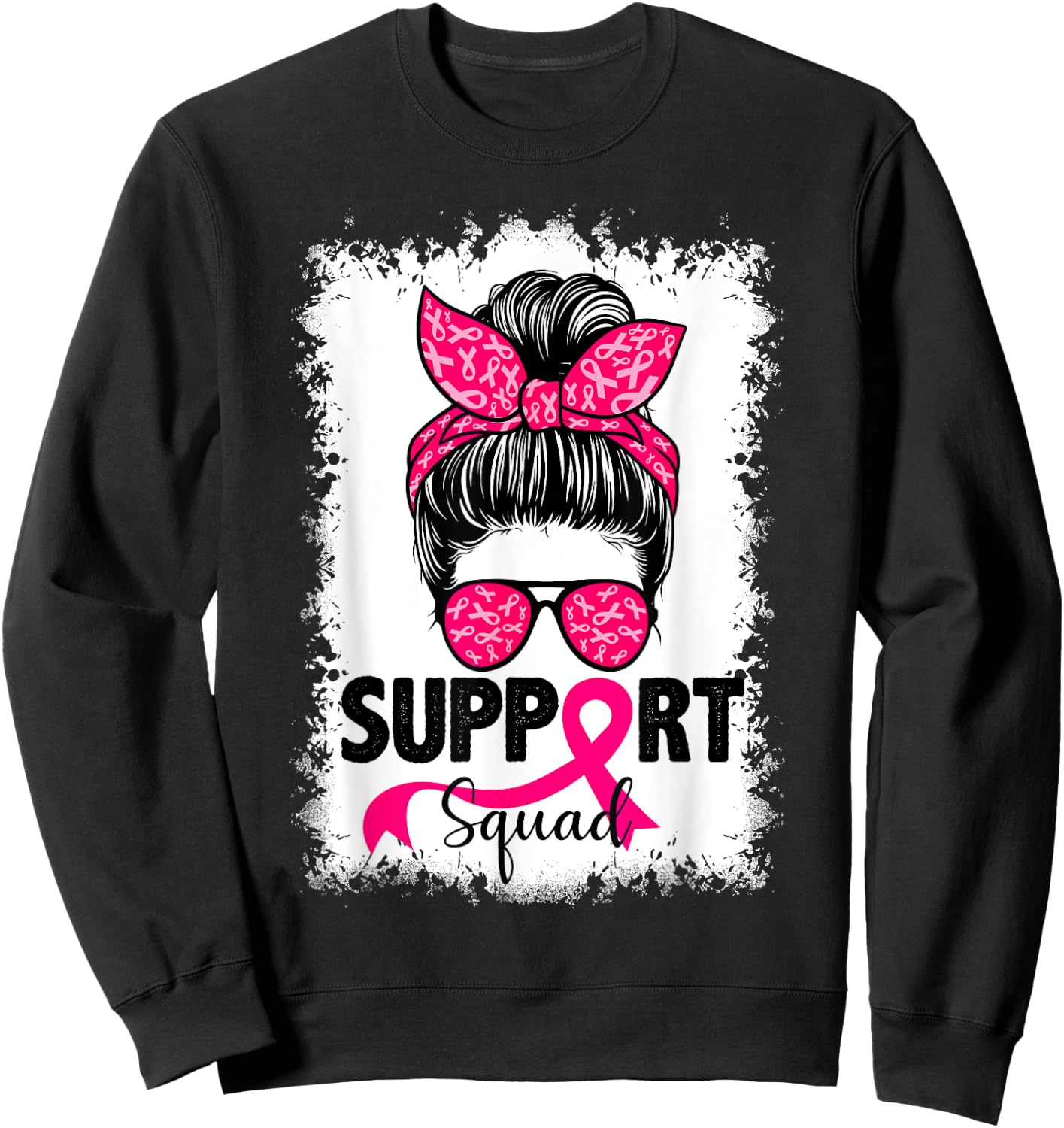 Support Squad Messy Bun Pink Warrior Breast Cancer Awareness Sweatshirt - Sweatshirt | Black