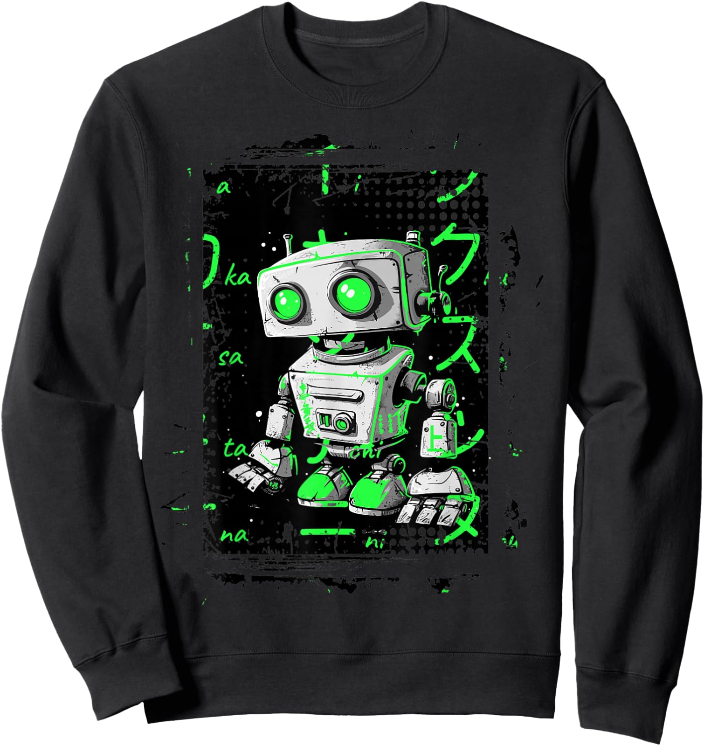 Green Cyberpunk Robot Kicks Green Color Graphic Sweatshirt - Sweatshirt | Black