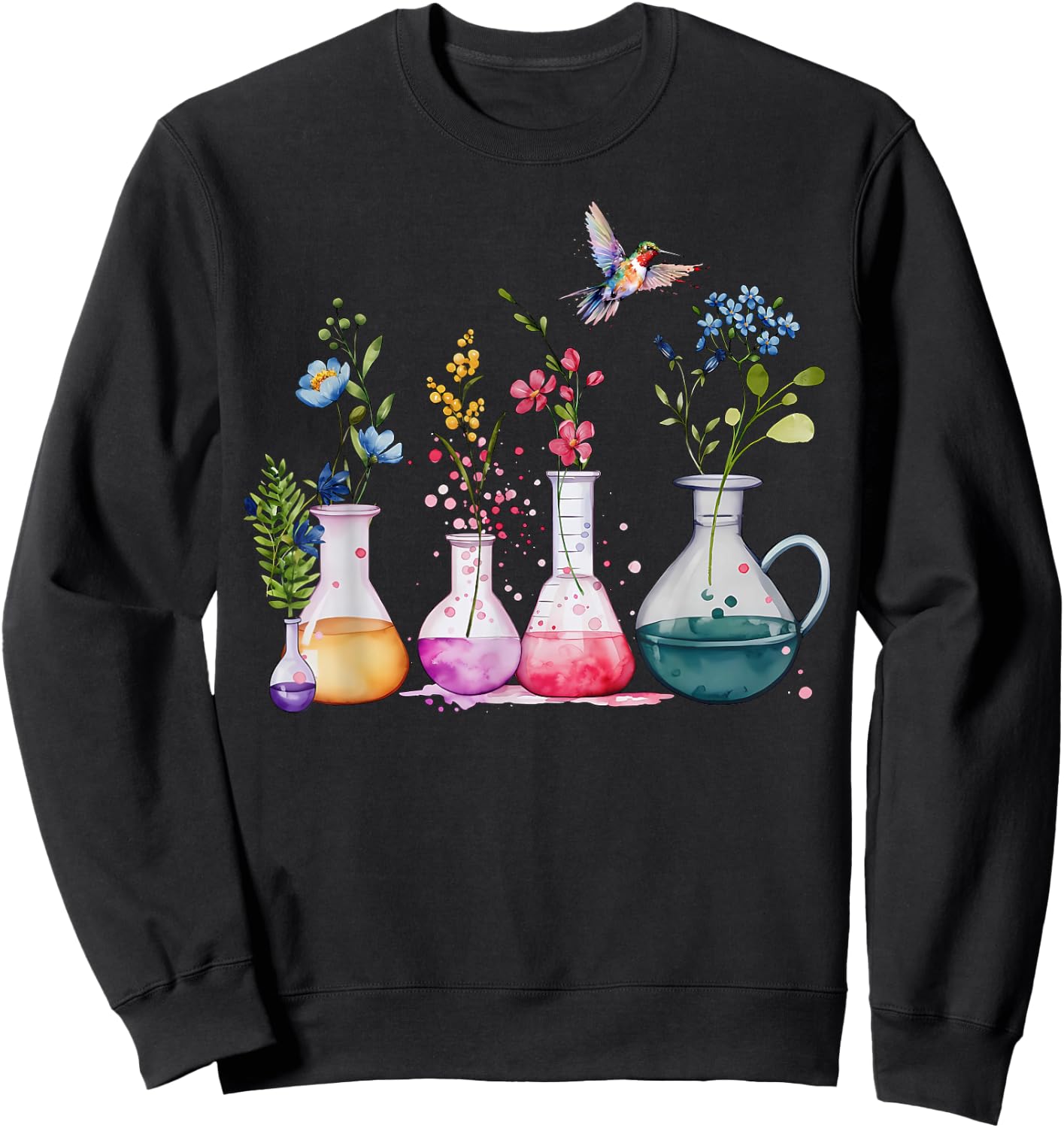 Floral Beakers Laboratory Hummingbird Chemistry Science Sweatshirt - Sweatshirt | Black