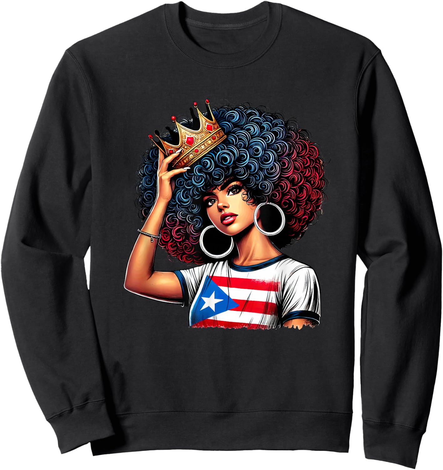 Afro Boricua Queen Princess Crown Puerto Rico Flag Latina Sweatshirt - Sweatshirt | Black