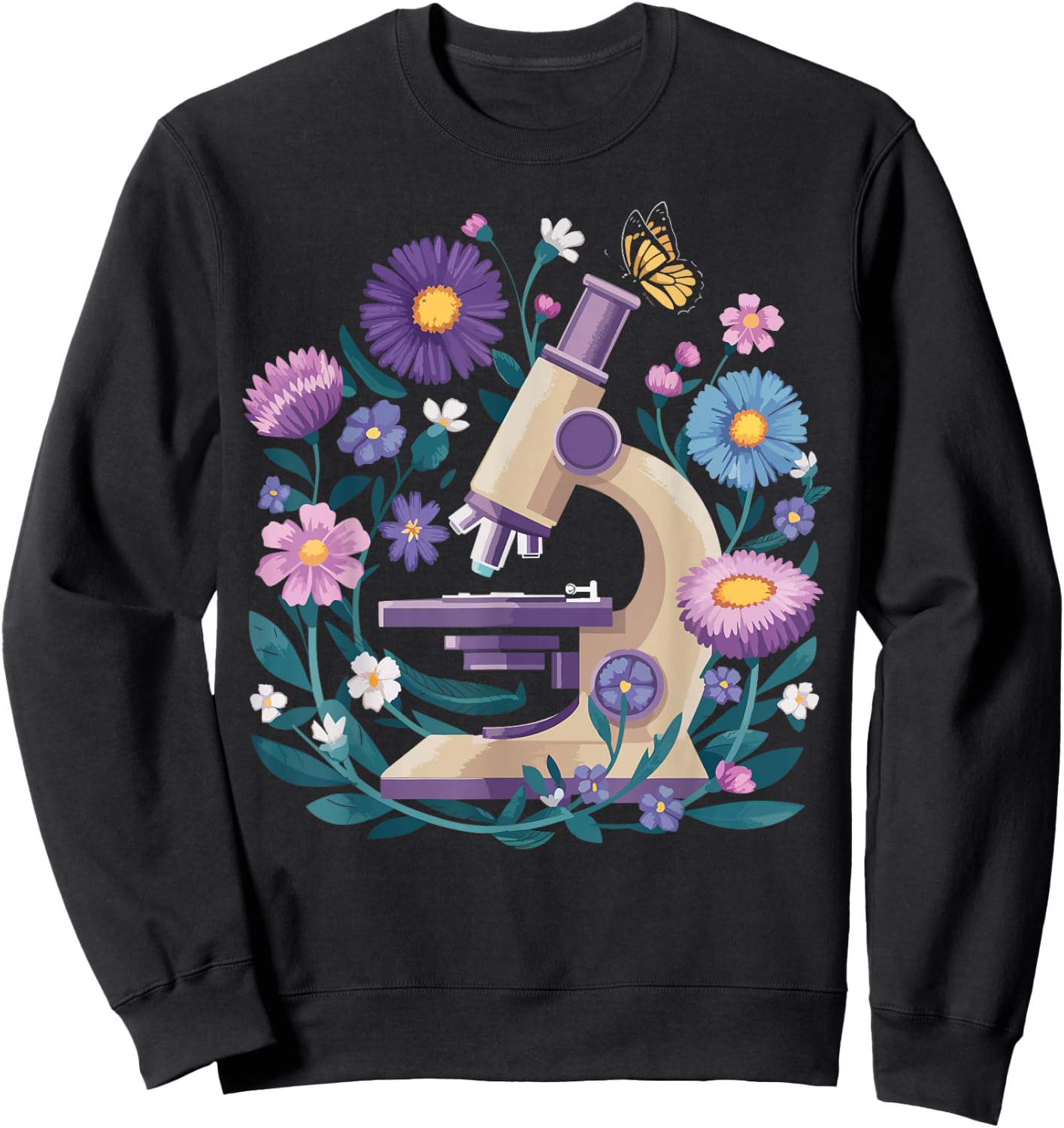 Microscope Flower Butterfly Biology Science Teacher Student Sweatshirt - Sweatshirt | Black