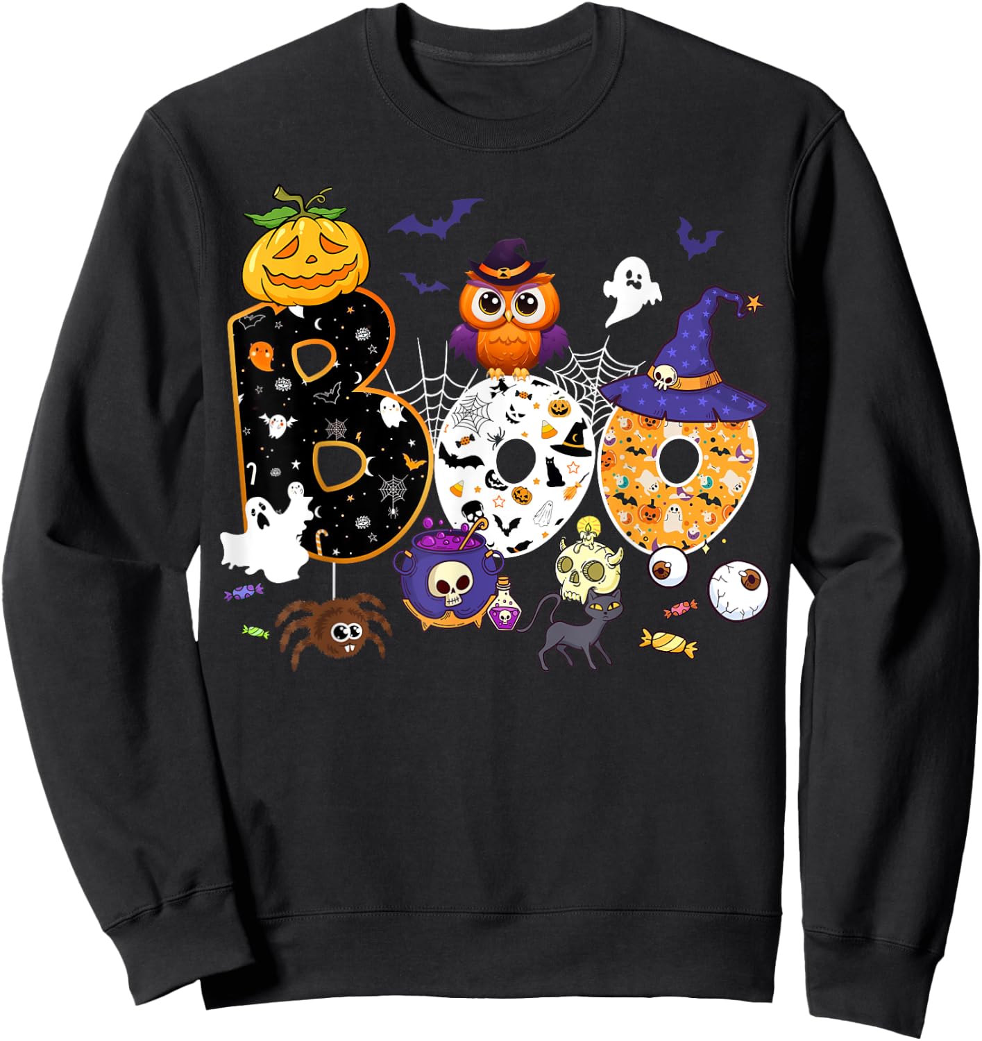 Boo Creepy Owl Pumpkin Ghost Halloween Men Women Kids Sweatshirt - Sweatshirt | Black