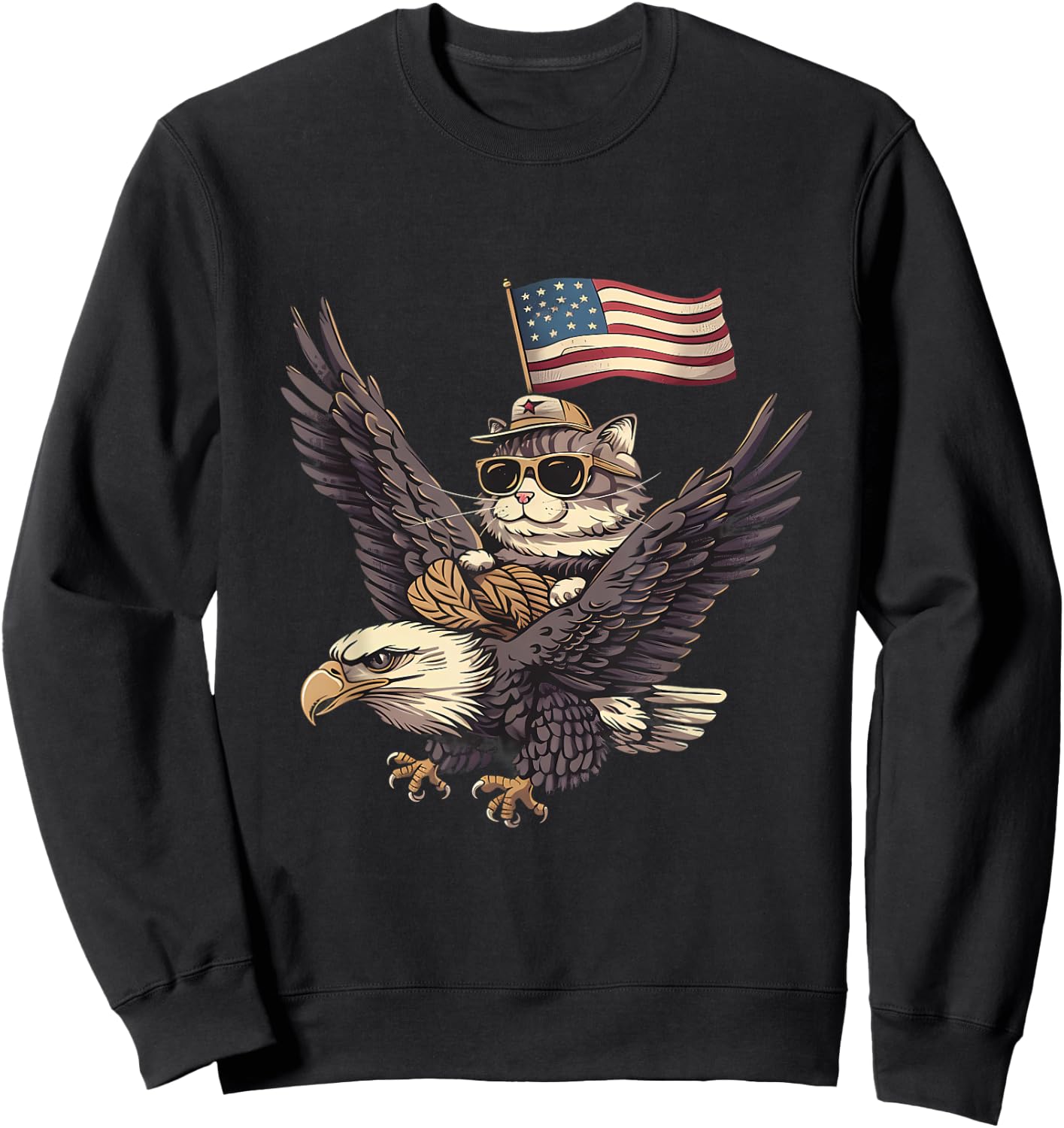 4th Of July USA American Flag America Bald Eagle Cat Sweatshirt - Sweatshirt | Black
