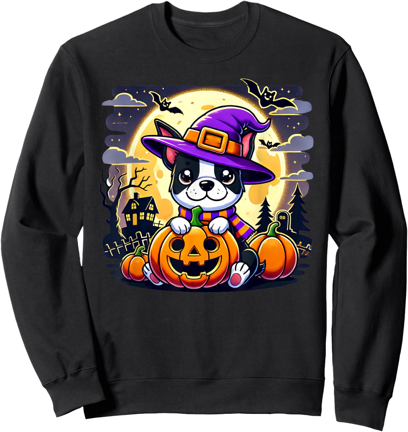 Halloween Boston Terrier Dog Breed With Jack O' Lantern Art Women Kids Sweatshirt - Sweatshirt | Black