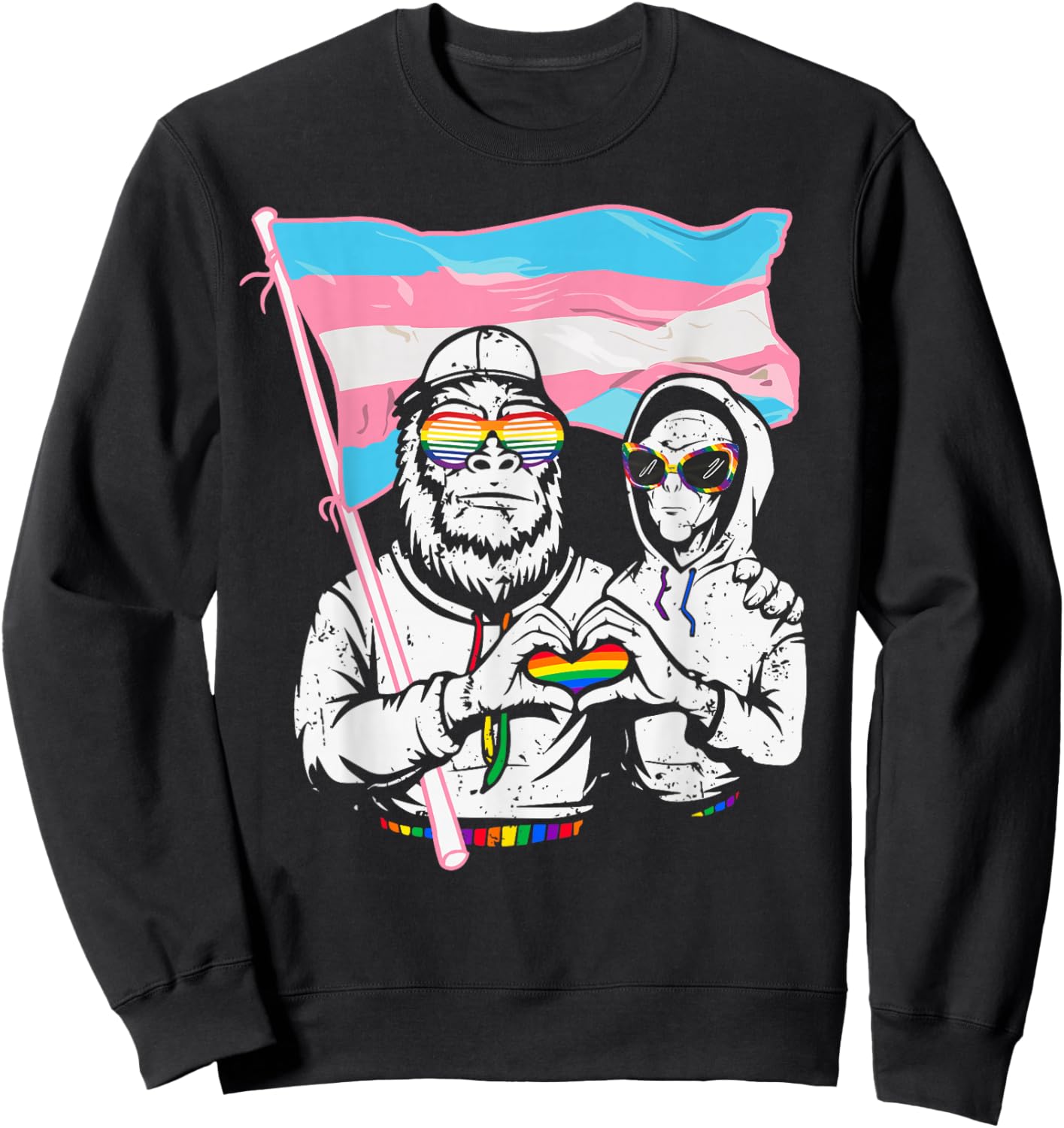 Pride Bigfoot Alien Funny LGBTQ Trans Flag Vintage Sweatshirt - Sweatshirt | Black