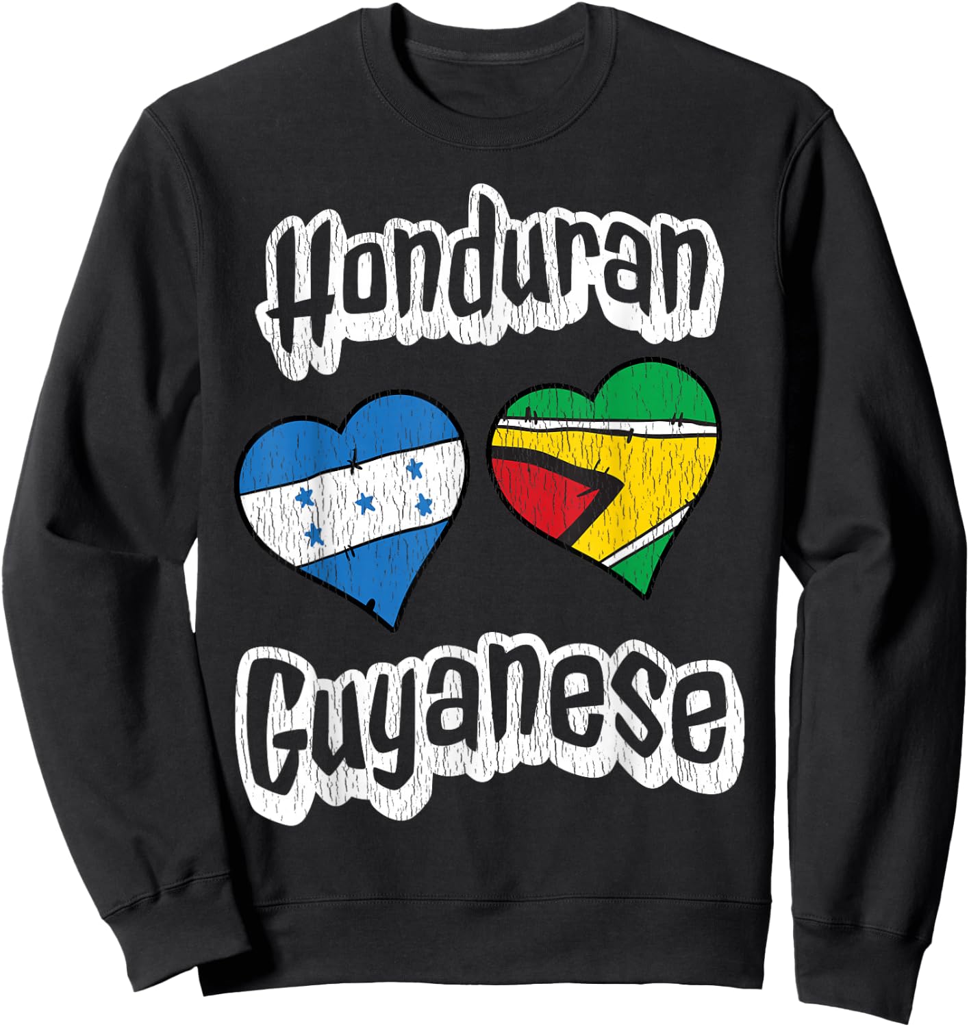 Honduran Guyanese Flag Heart Combo Distressed Sweatshirt - Sweatshirt | Black