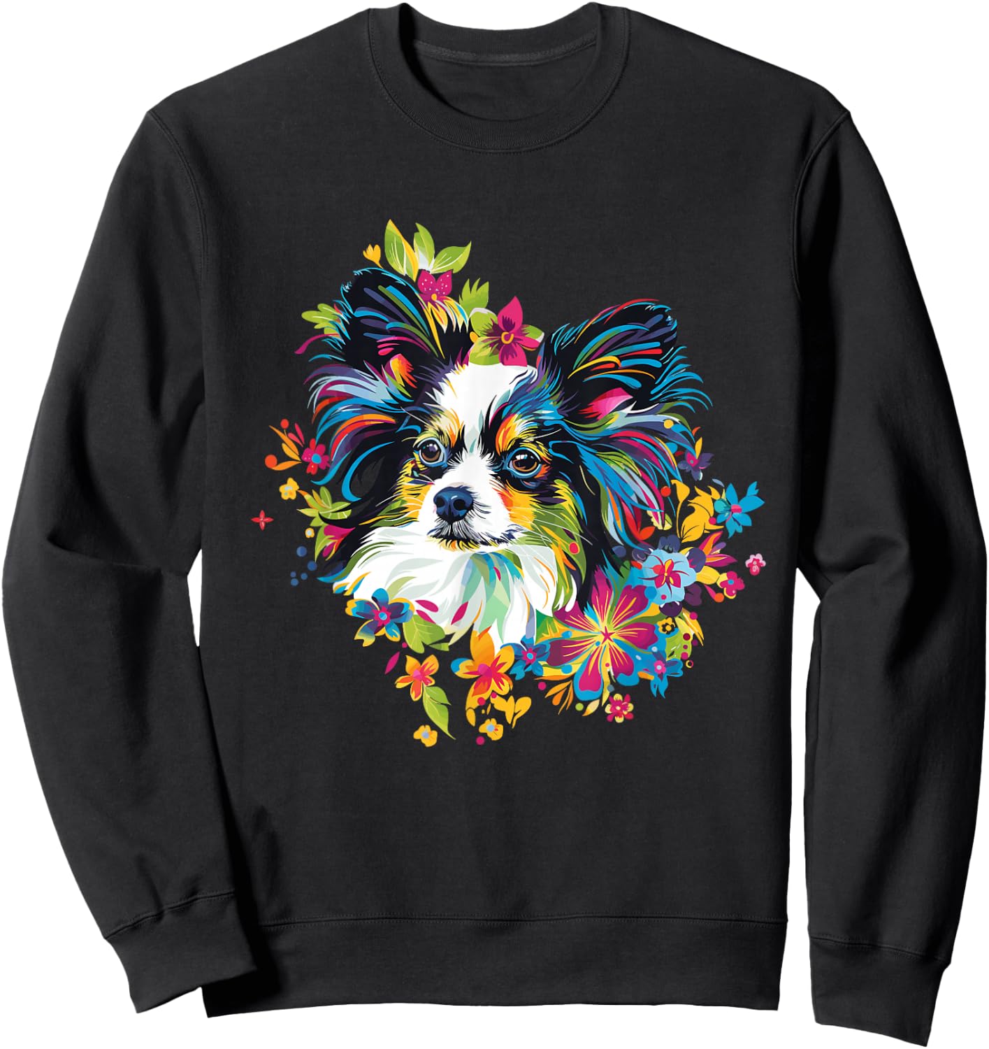 Artful Papillon Designs Floral Pop Art Papillon - -Adults & -Kids - Black - Small - Short Sleeve - Classic Fit - Round Neck Sweatshirt - Sweatshirt | Black