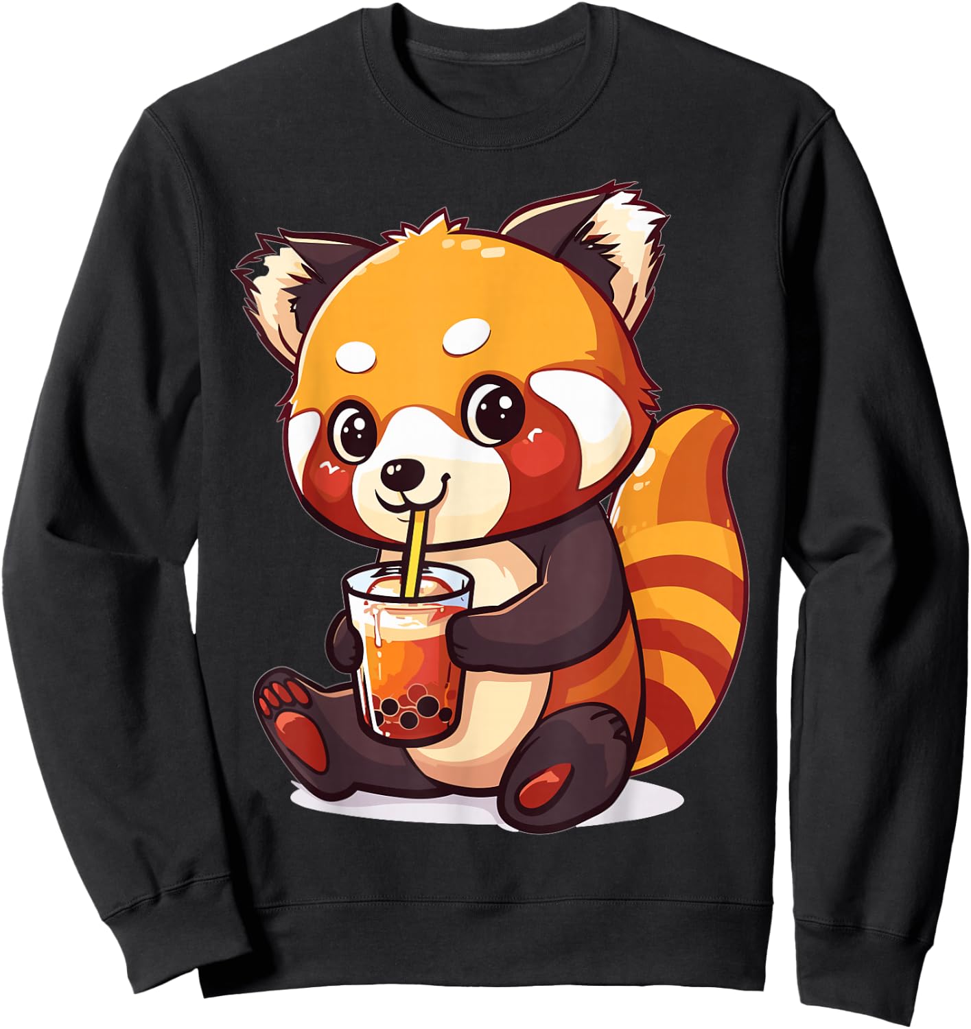 Kawaii Red Panda Drinking Bubble Tea Boba Anime Cute Graphic Sweatshirt - Sweatshirt | Black
