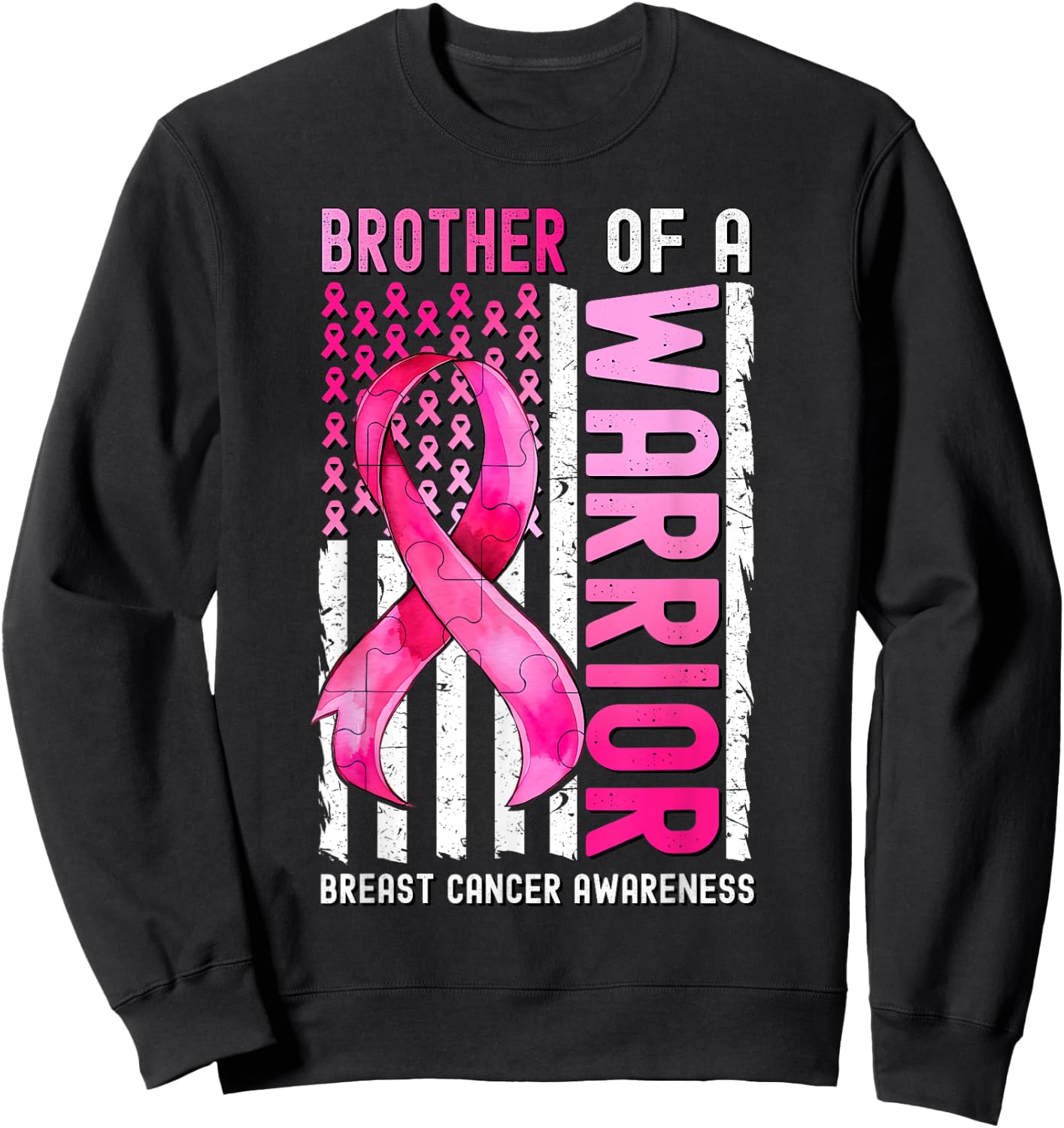 Brother Of A Warrior Breast Cancer USA Flag Awareness Pink Kids Men Sweatshirt - Sweatshirt | Black