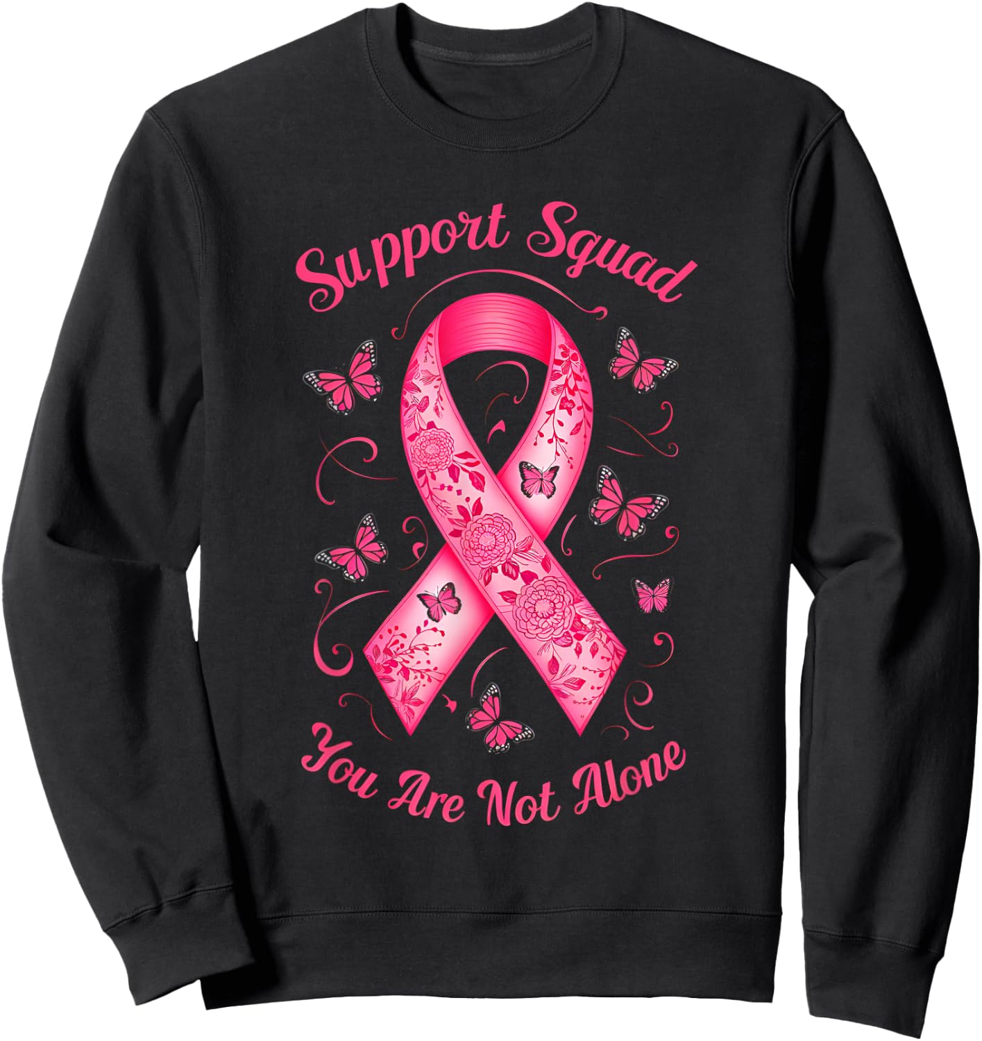 Support Squad Breast Cancer Awareness Pink Ribbon Butterfly Sweatshirt - Sweatshirt | Black