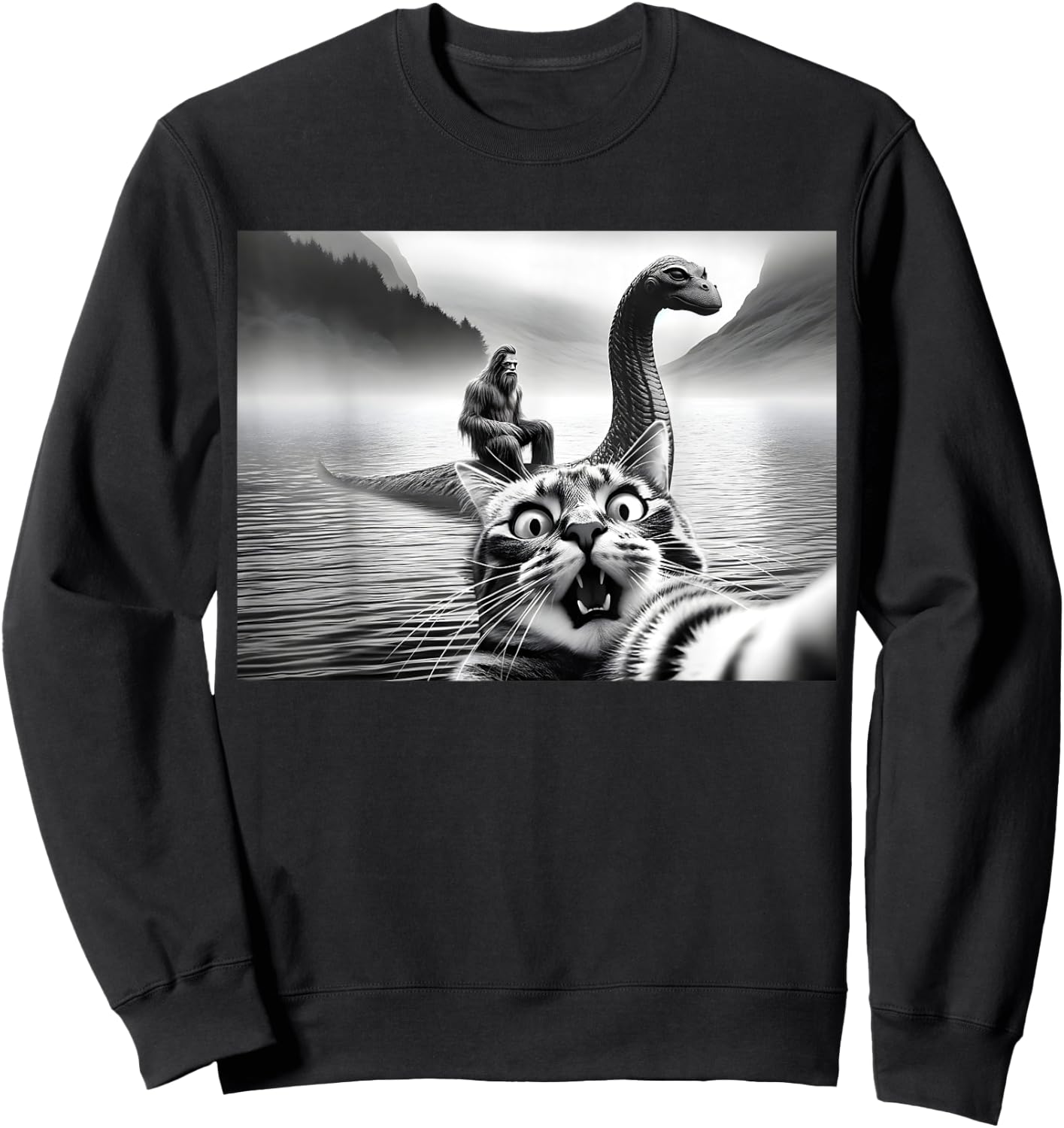 Bigfoot Riding Loch Ness Monster Surprised Scared Cat Selfie Women Girls Kids Sweatshirt - Sweatshirt | Black