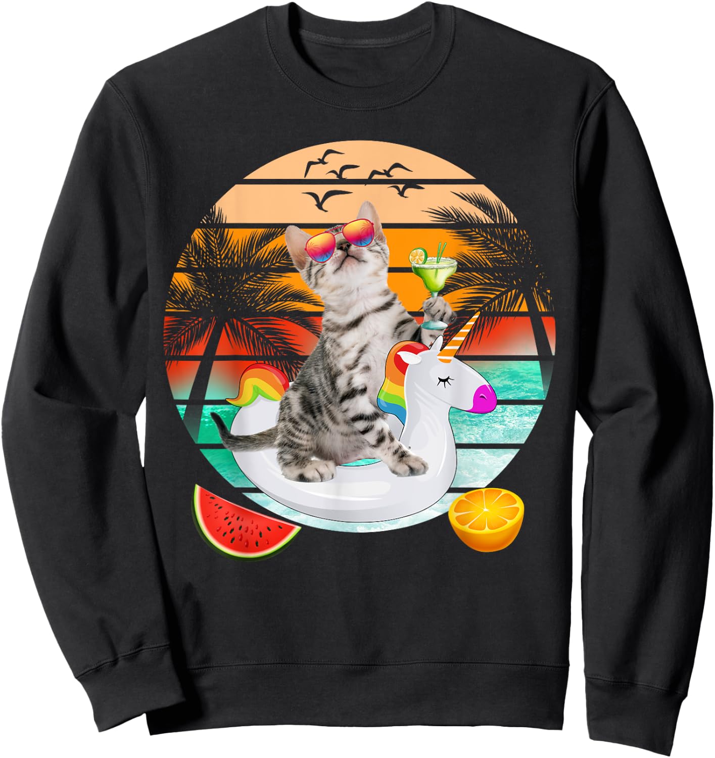Cute Cat With Margarita & Unicorn Float Kitten Summer Vibes Sweatshirt - Sweatshirt | Black