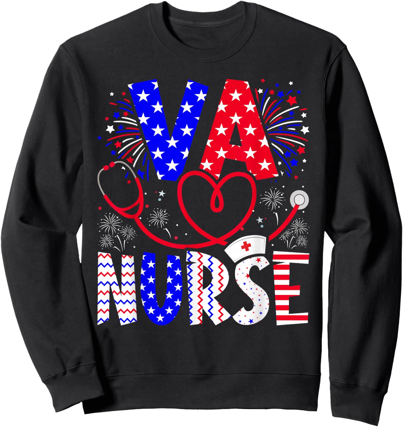 VA Nurse 4th Of July American Flag Stethoscope Sweatshirt - Sweatshirt | Black