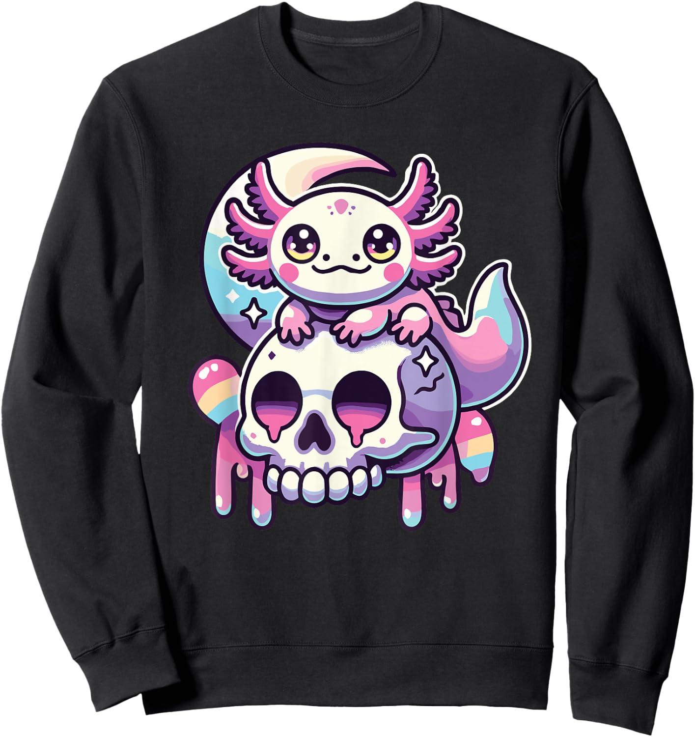 Kawaii Pastel Goth Cute Creepy Axolotl Bat Skeleton Sweatshirt - Sweatshirt | Black