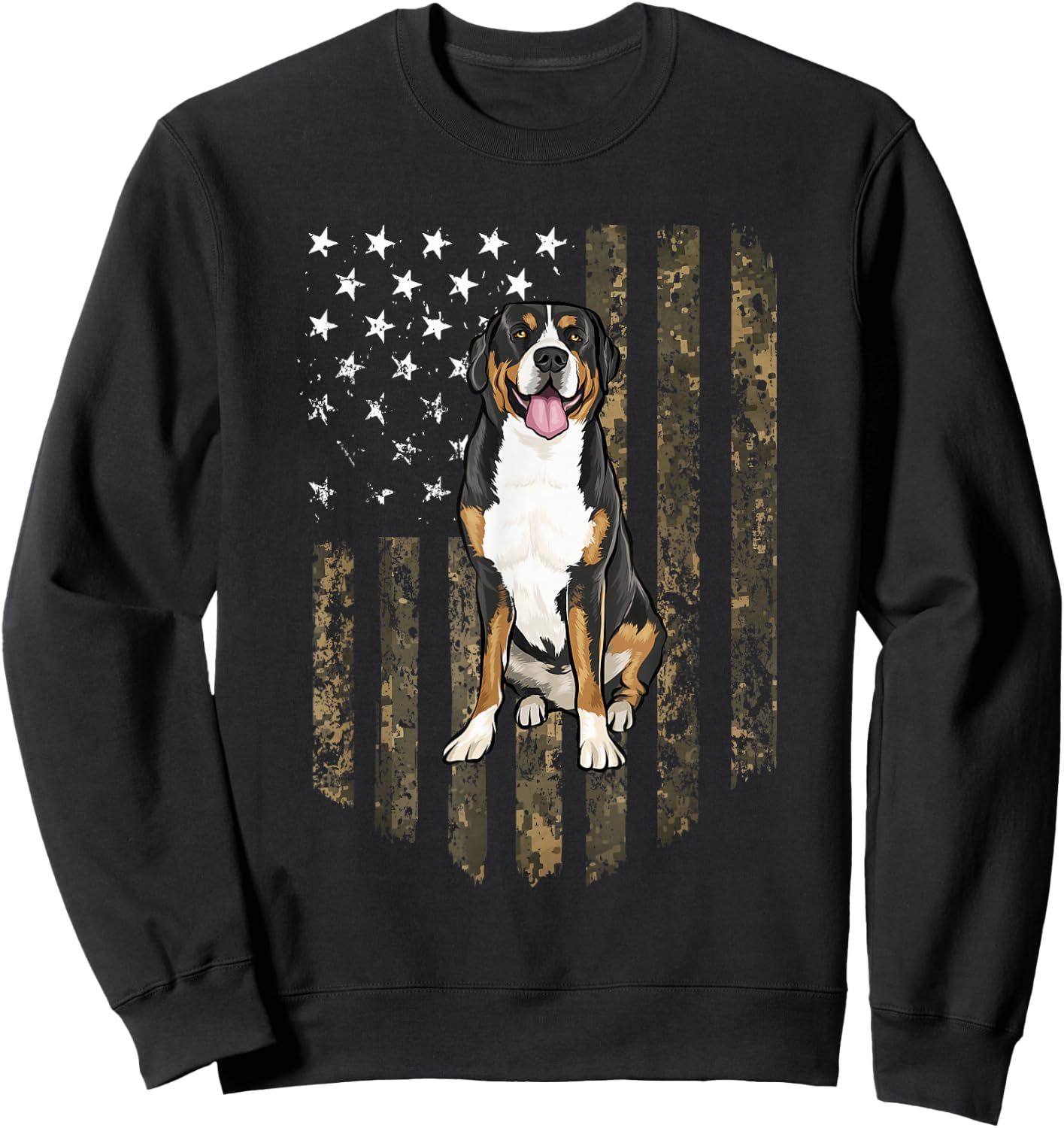 Camo American Flag Greater Swiss Mountain Dog 4th Of July Sweatshirt - Sweatshirt | Black