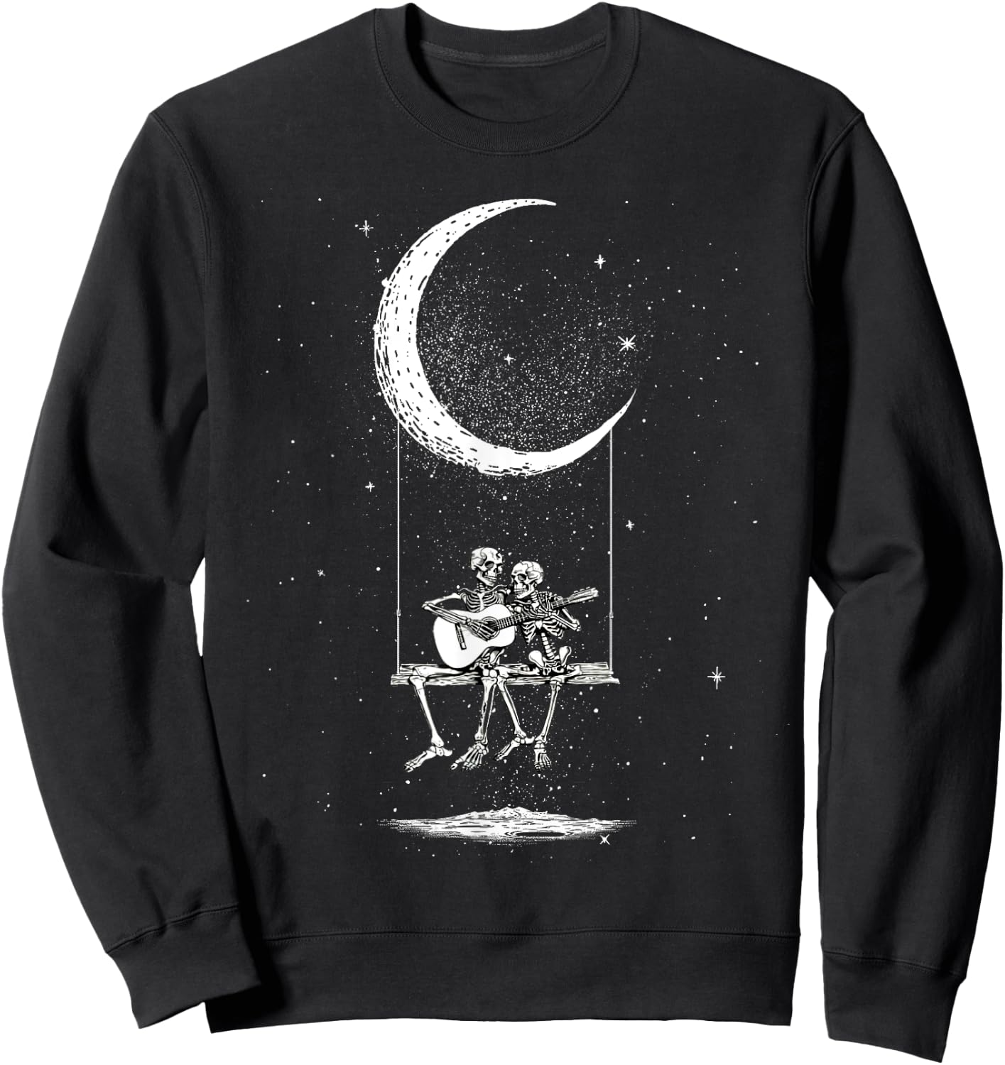 Skeleton Couple Moon Swing Guitar Lover Halloween Rock On Sweatshirt - Sweatshirt | Black