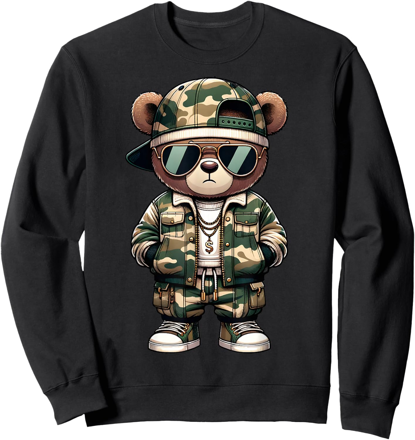 Camo Hip Hop Teddy Bear Camouflage Gangsta Streetwear Hustle Sweatshirt - Sweatshirt | Black