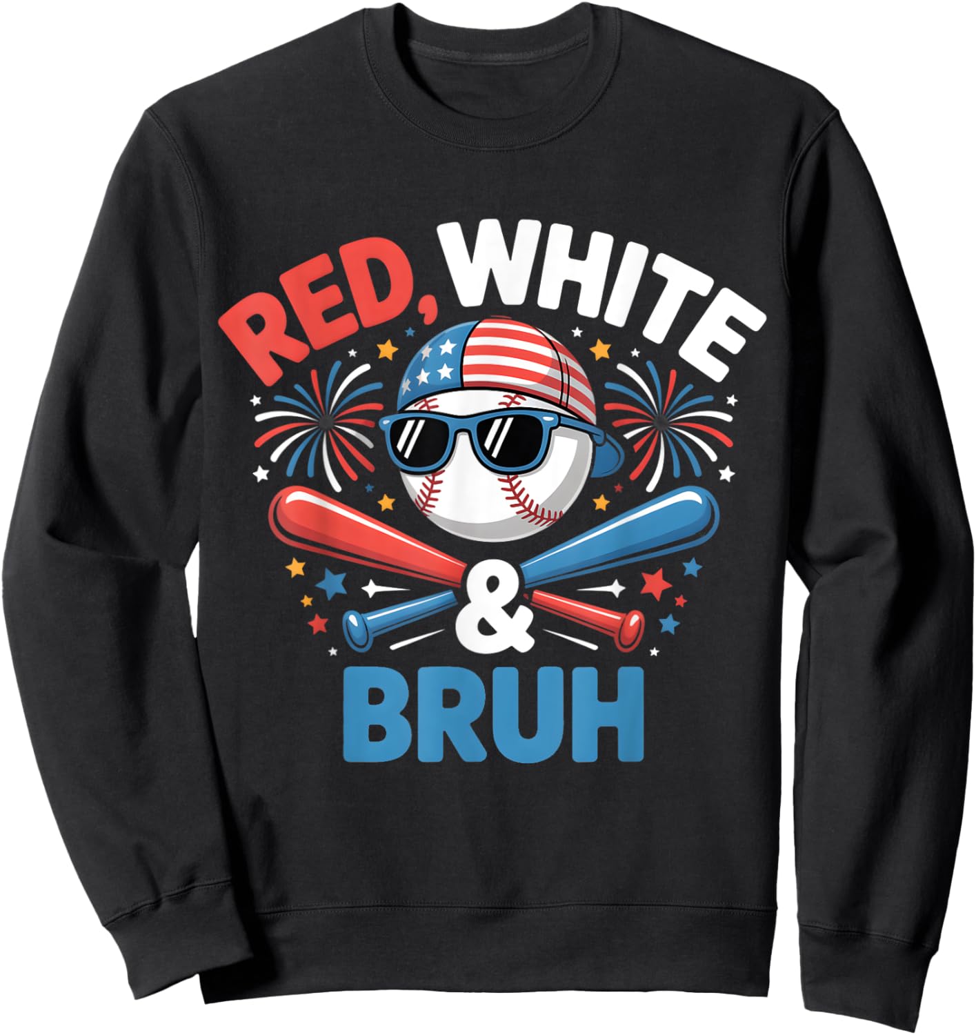 Red White and Bruh Baseball Kids Boys Toddler Youth July 4 Sweatshirt - Sweatshirt | Black
