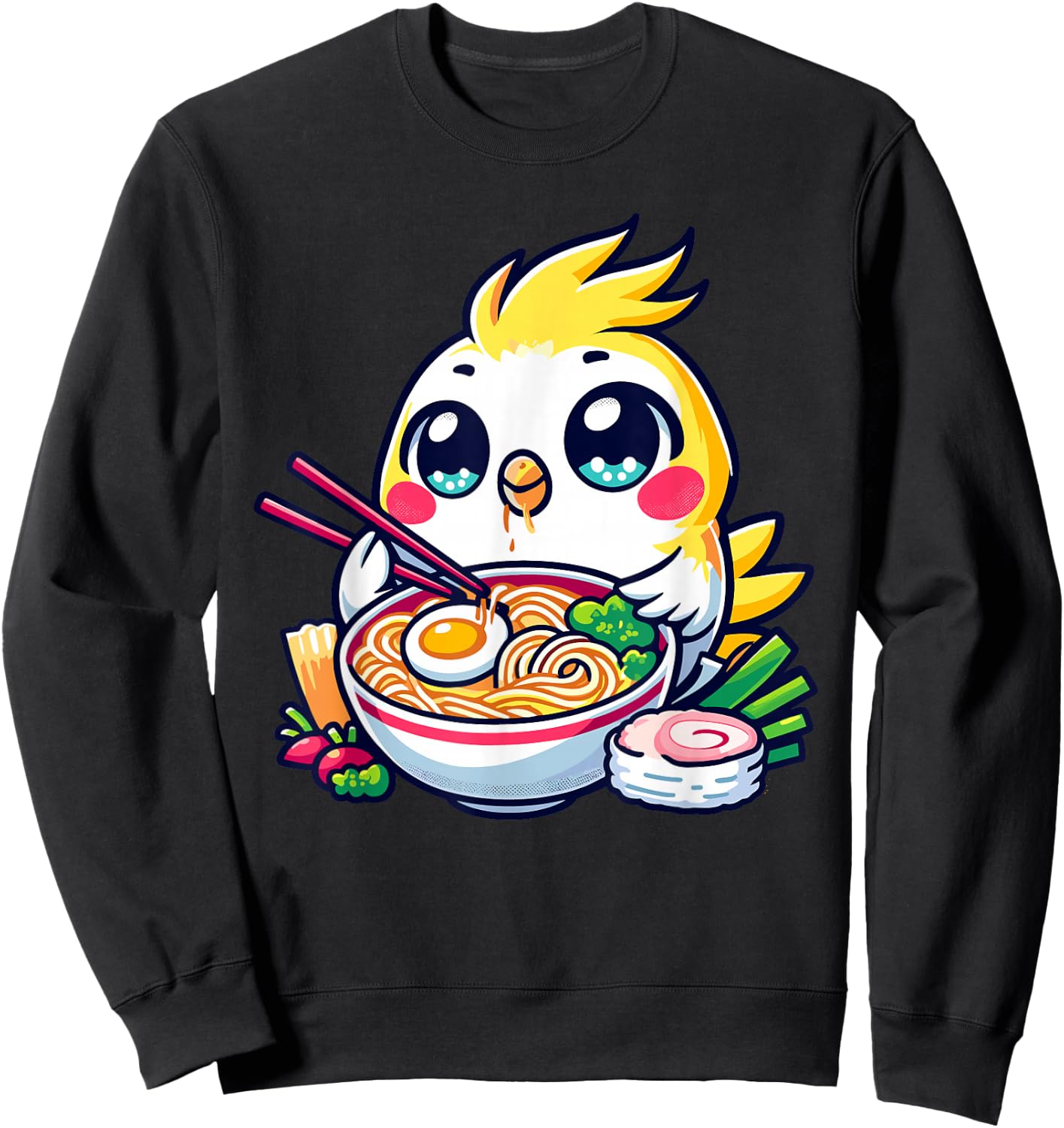 Kawaii Yellow Cockatiel Bird Parrot Eating Ramen Noodles Sweatshirt - Sweatshirt | Black