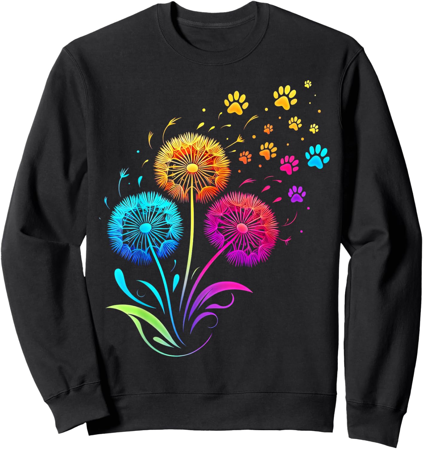 Cute Dog Paw Sunflower Dandelion Colorful Flowers Dog Paw Sweatshirt - Sweatshirt | Black