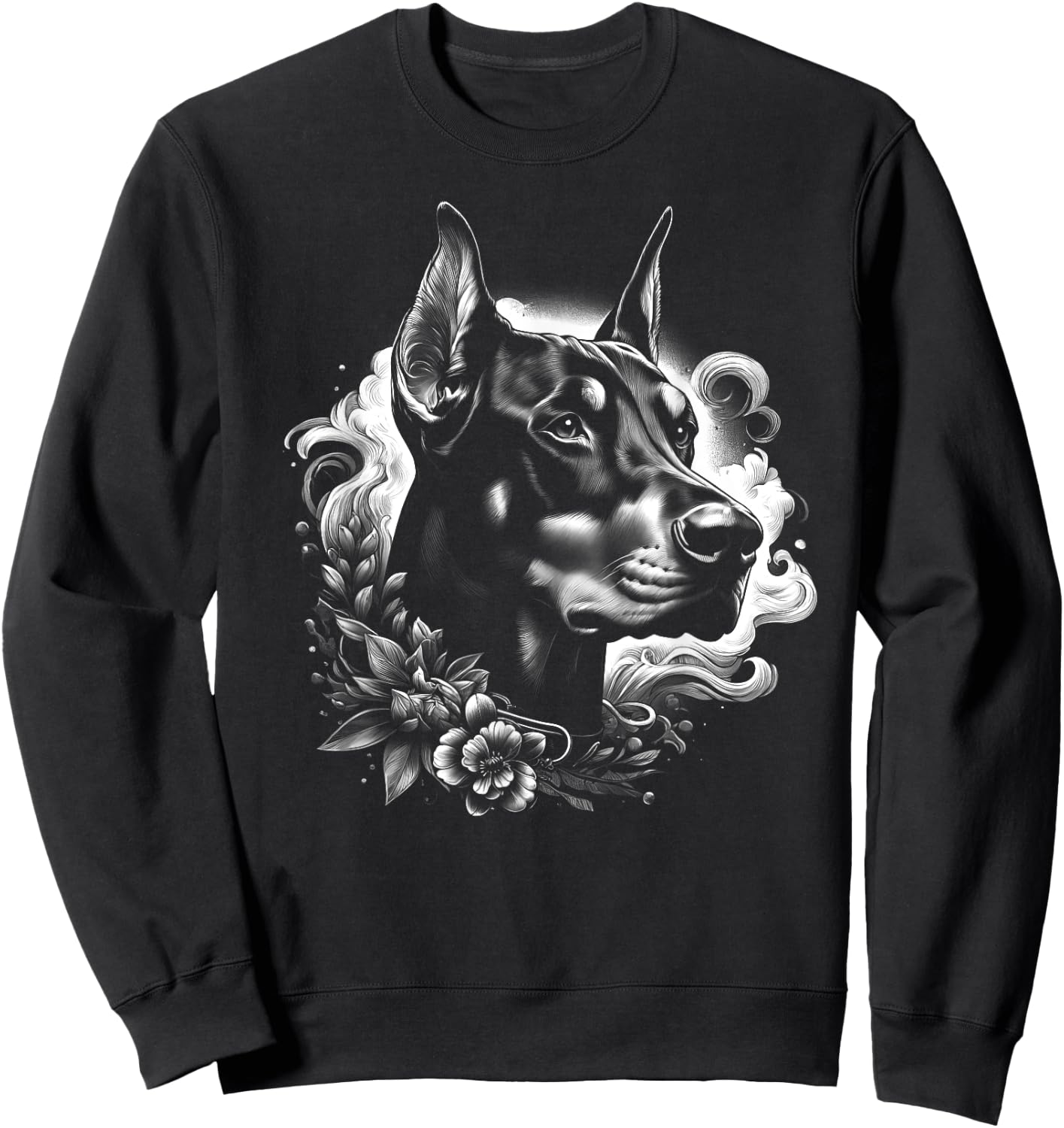 Cool Doberman Portrait with Flowers Decoration Sweatshirt - Sweatshirt | Black