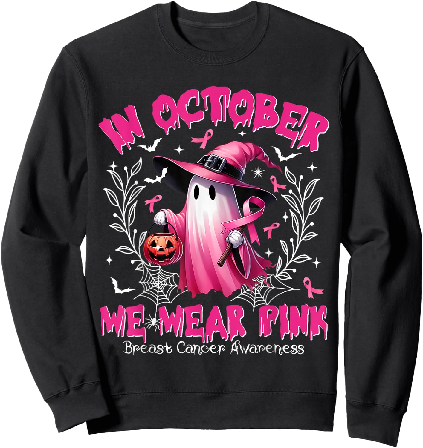 In October We Wear Pink Ghost Witch Breast Cancer Awareness Sweatshirt - Sweatshirt | Black