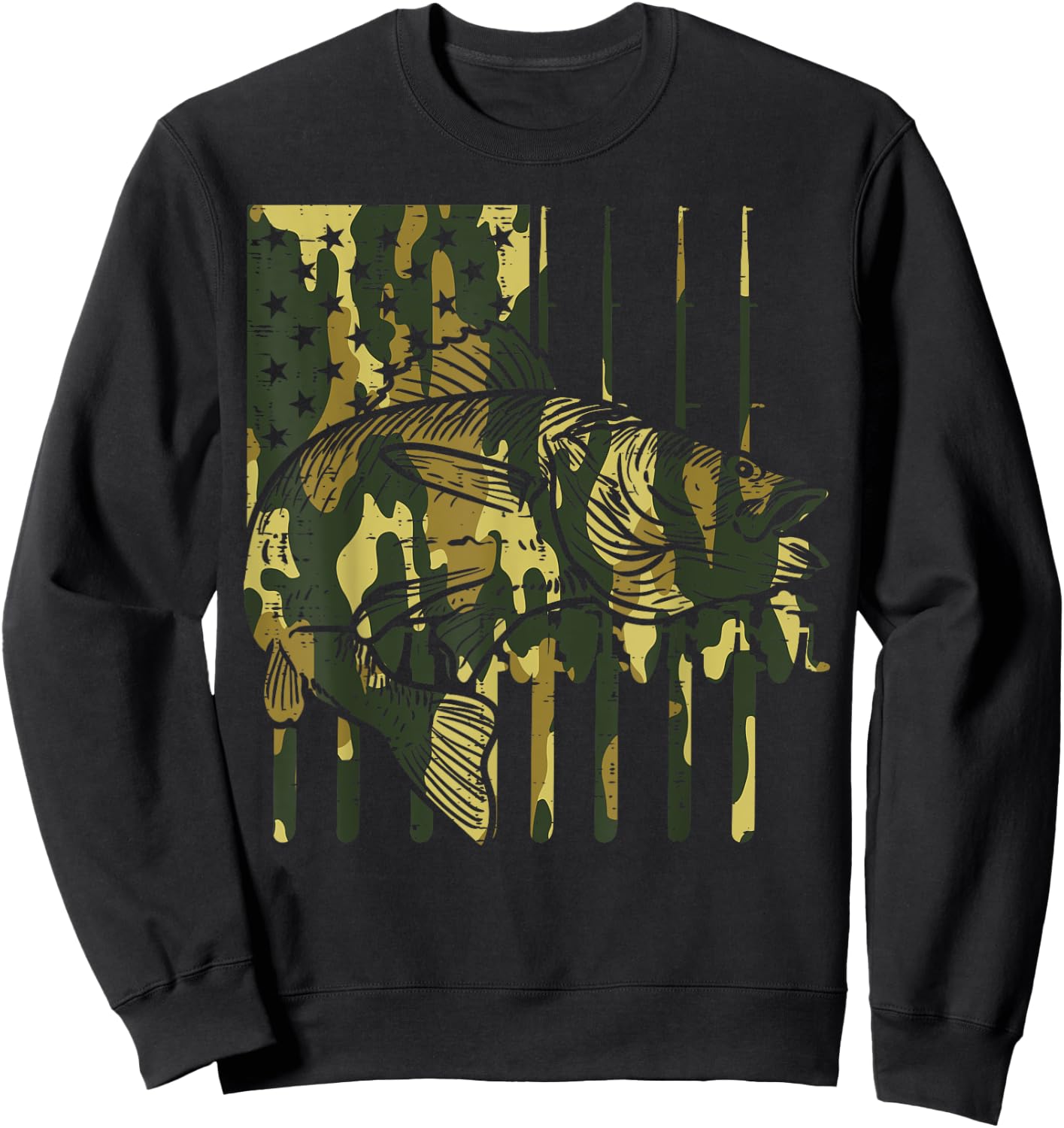 Camo US Flag Fish Vintage Fishing Patriotic Fisherman Gift Sweatshirt - Sweatshirt | Black