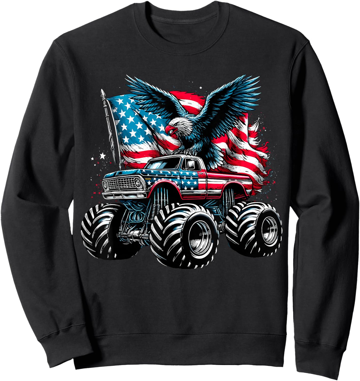 Monster Truck Bald Eagle 4th of July Boys American Flag Sweatshirt - Sweatshirt | Black