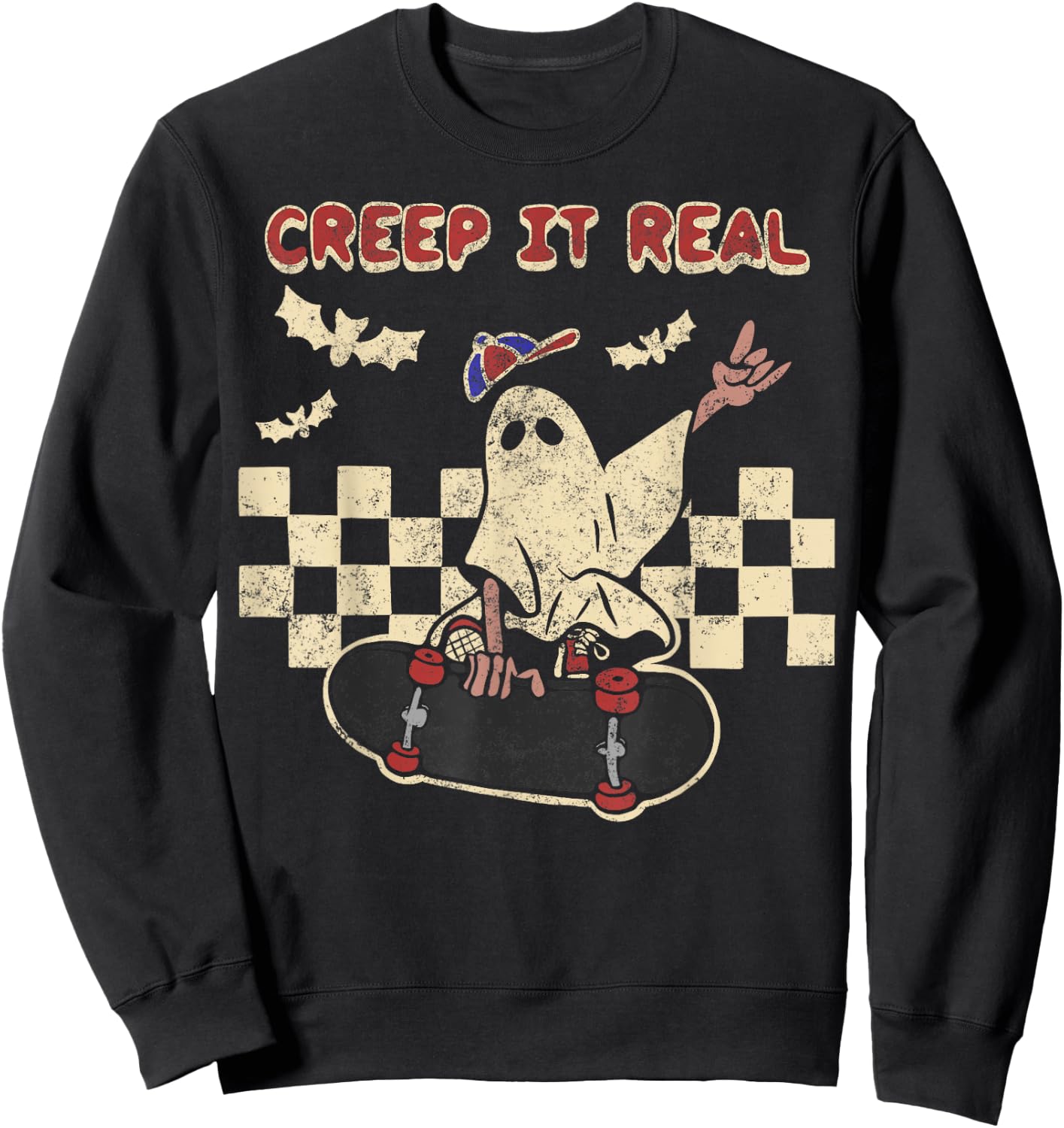 Halloween Boy Girl Retro Creep It Real Ghost on Skateboard Sweatshirt - Sweatshirt | Black