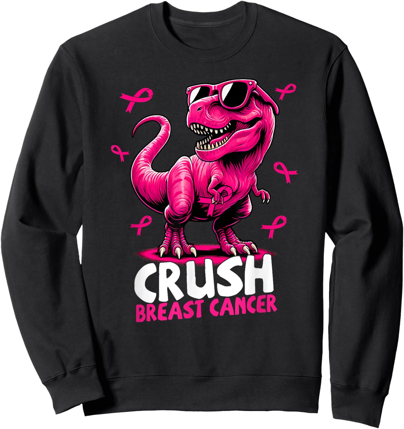Crush Breast Cancer Dinosaur Holding Pink Ribbon Kids Mom Sweatshirt - Sweatshirt | Black