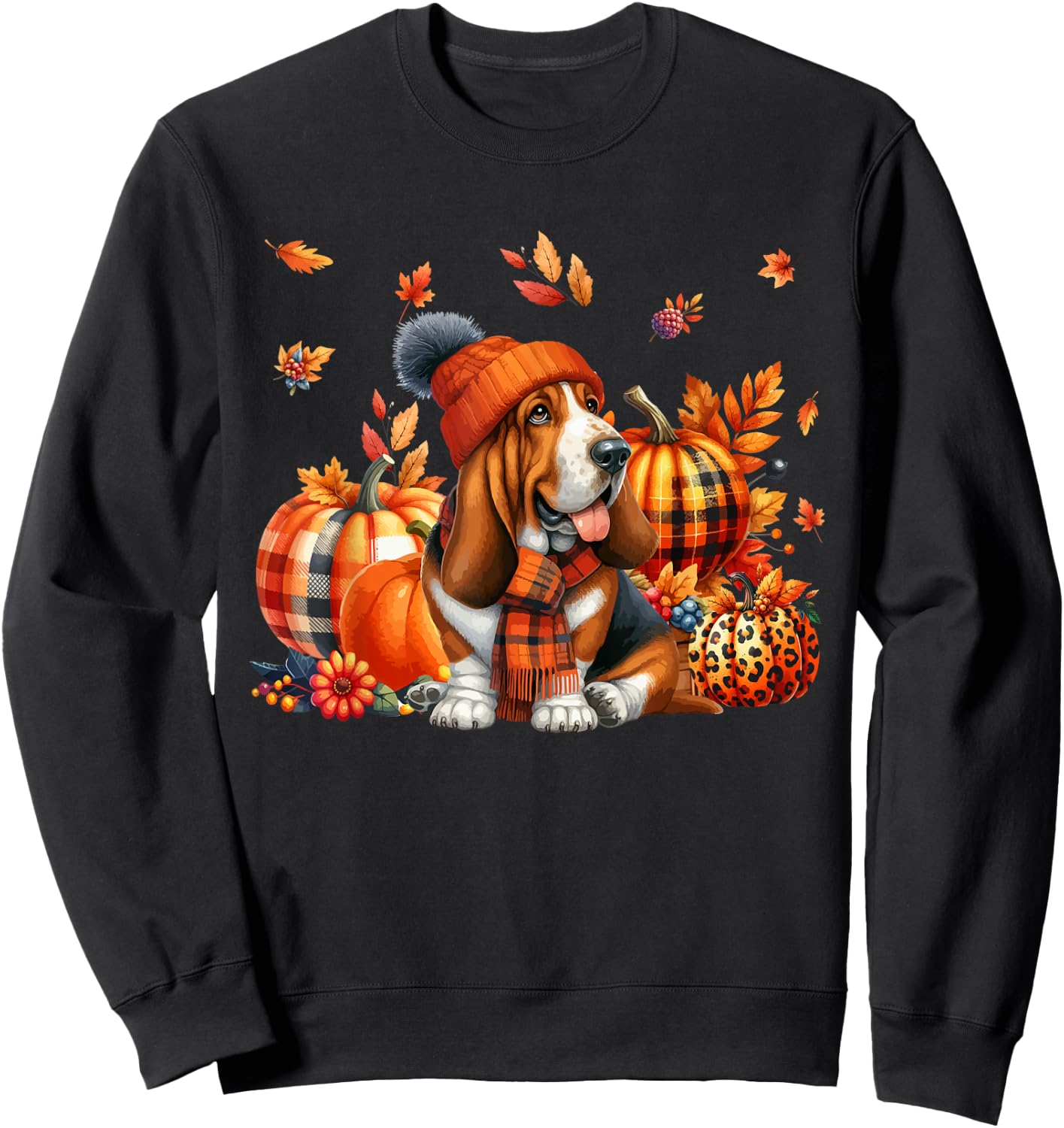 Basset Hound Thanksgiving Leopard Pumpkins Fall Leaves Sweatshirt - Sweatshirt | Black