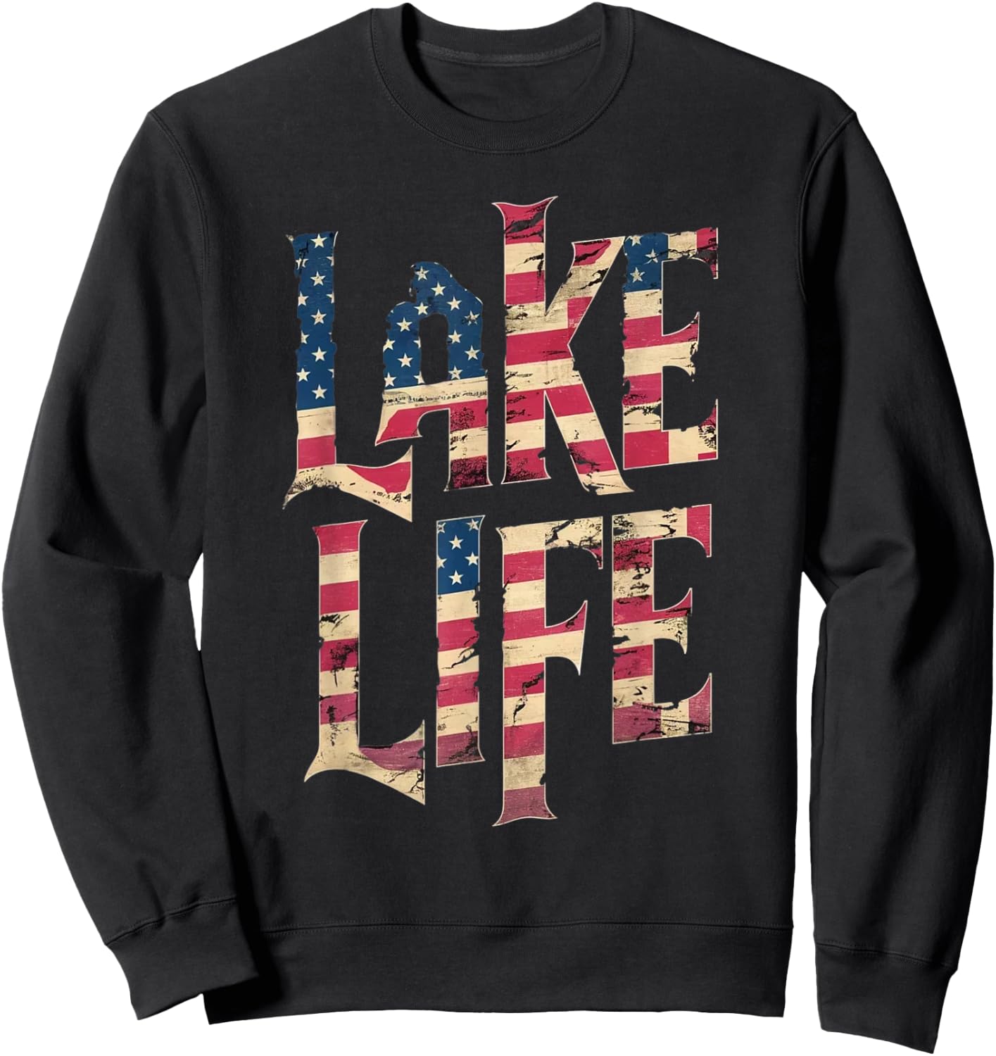 Vintage American Flag Lake Life 4th of July Patriotic Women Kids Men Sweatshirt - Sweatshirt | Black