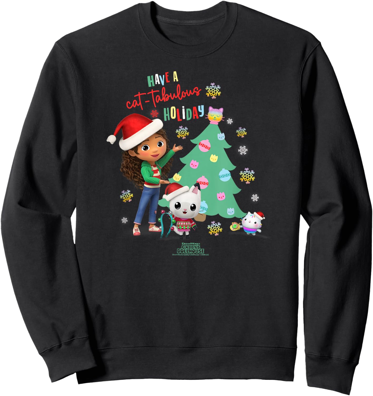 DreamWorks Gabby's Dollhouse Kids Black Cartoon Christmas , Short Sleeve, Small, Cat-tabulous Holiday Sweatshirt - Sweatshirt | Black