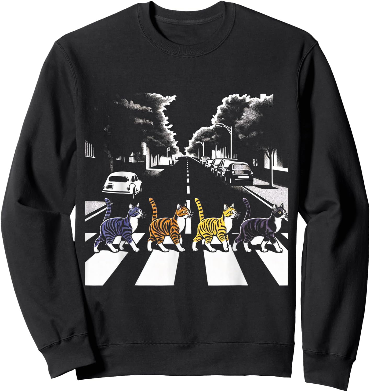 Cat Crosswalk Parody - Colorful Cats Crossing Road Funny Sweatshirt - Sweatshirt | Black