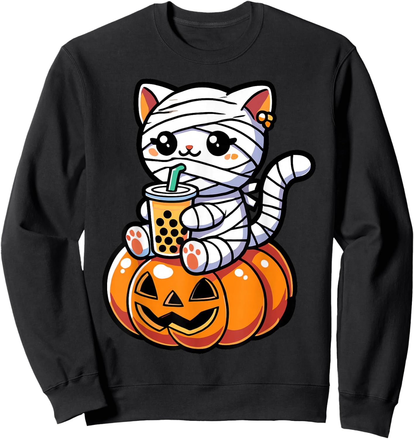 Kawaii Mummy Cat Drinking Boba Tea Halloween Pumpkin Men Women Kids Sweatshirt - Sweatshirt | Black