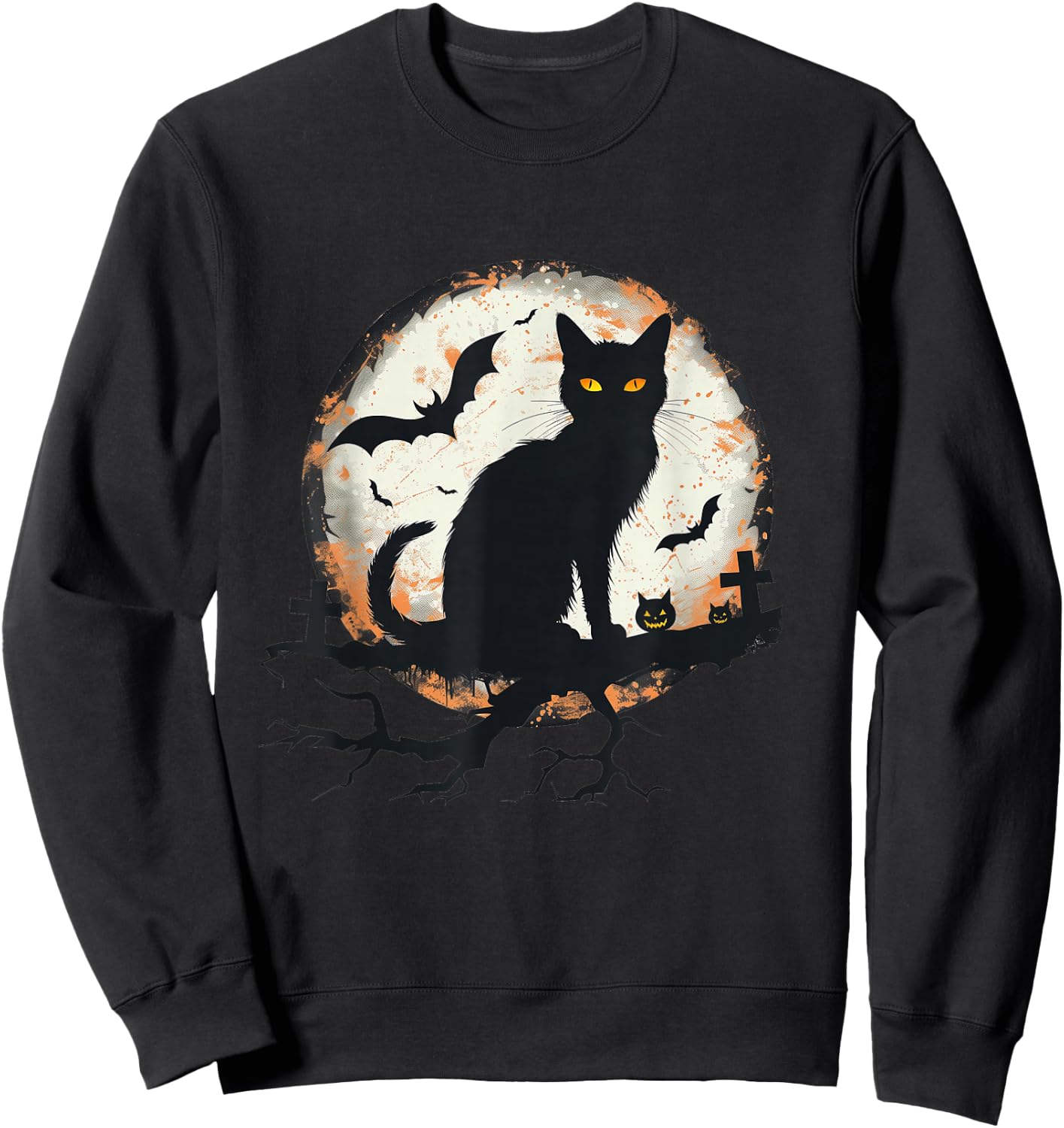 Halloween Cat Pumpkin Bat Moon Cemetery Scary Men Women Kids Sweatshirt - Sweatshirt | Black