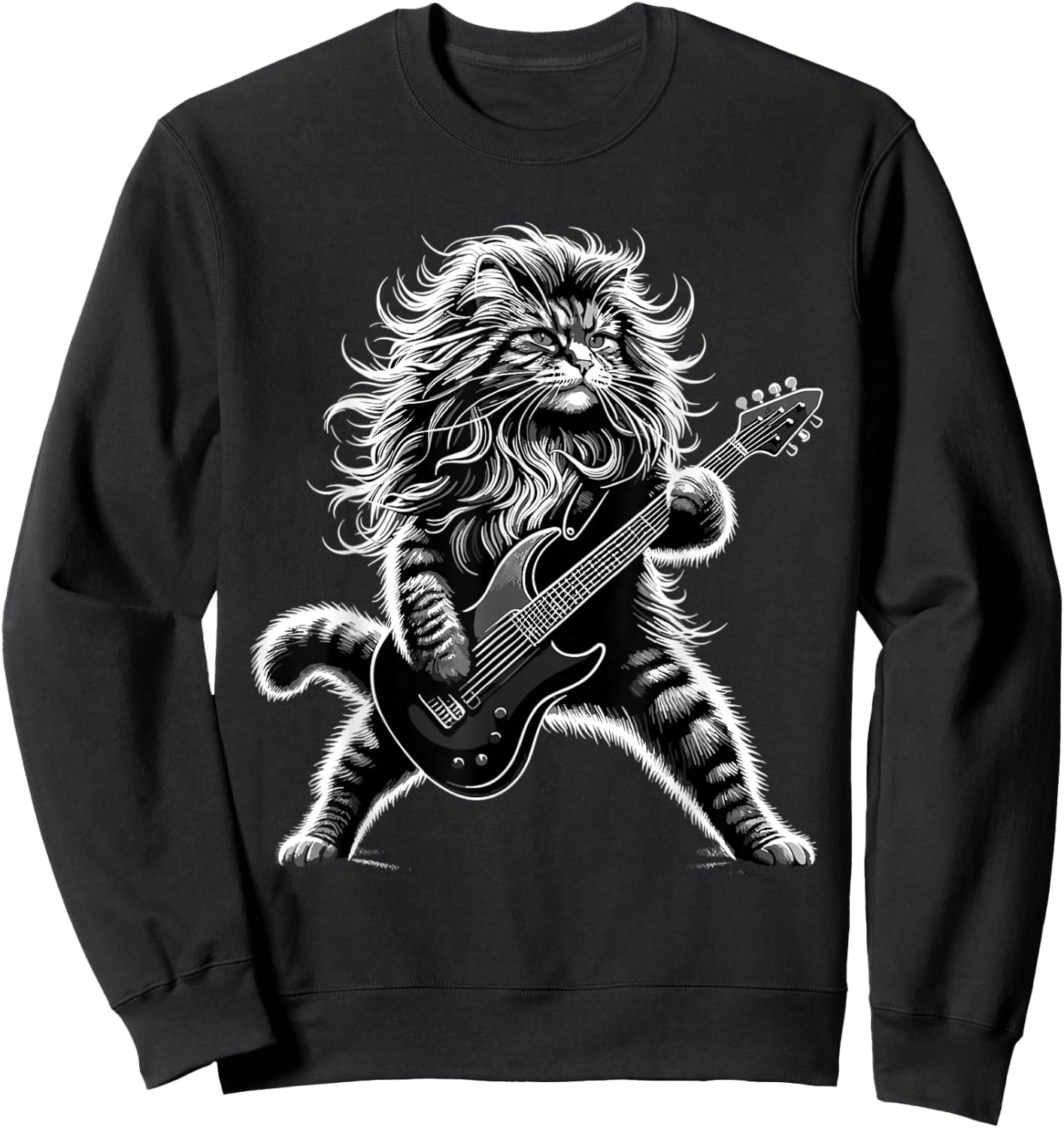 Rock and Roll Cat Playing Guitar Sweatshirt - Sweatshirt | Black