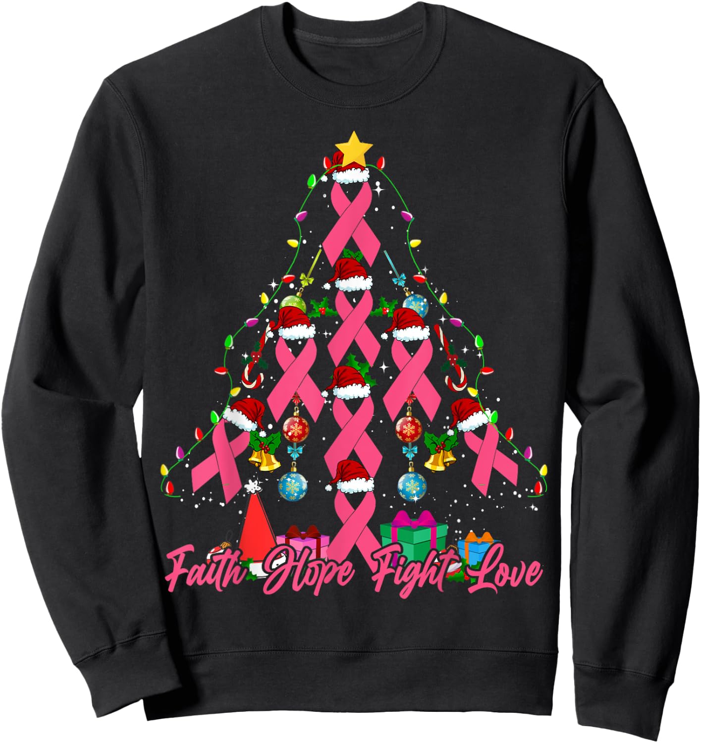 Santa Pink Ribbon Christmas Tree Breast Cancer Awareness Sweatshirt - Sweatshirt | Black