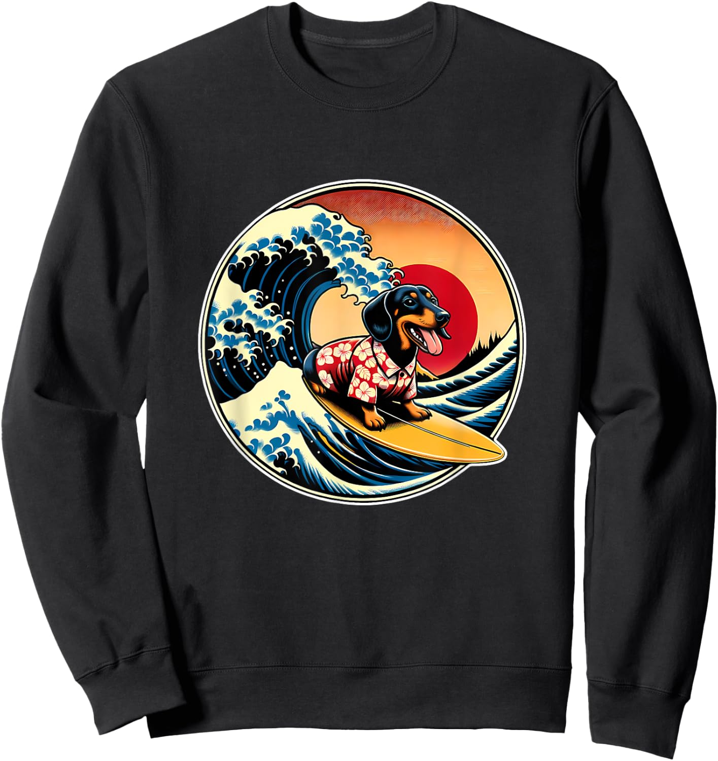 Great Wave Kanagawa Weiner Dachshund Dog Surfing Men Women Kids Sweatshirt - Sweatshirt | Black