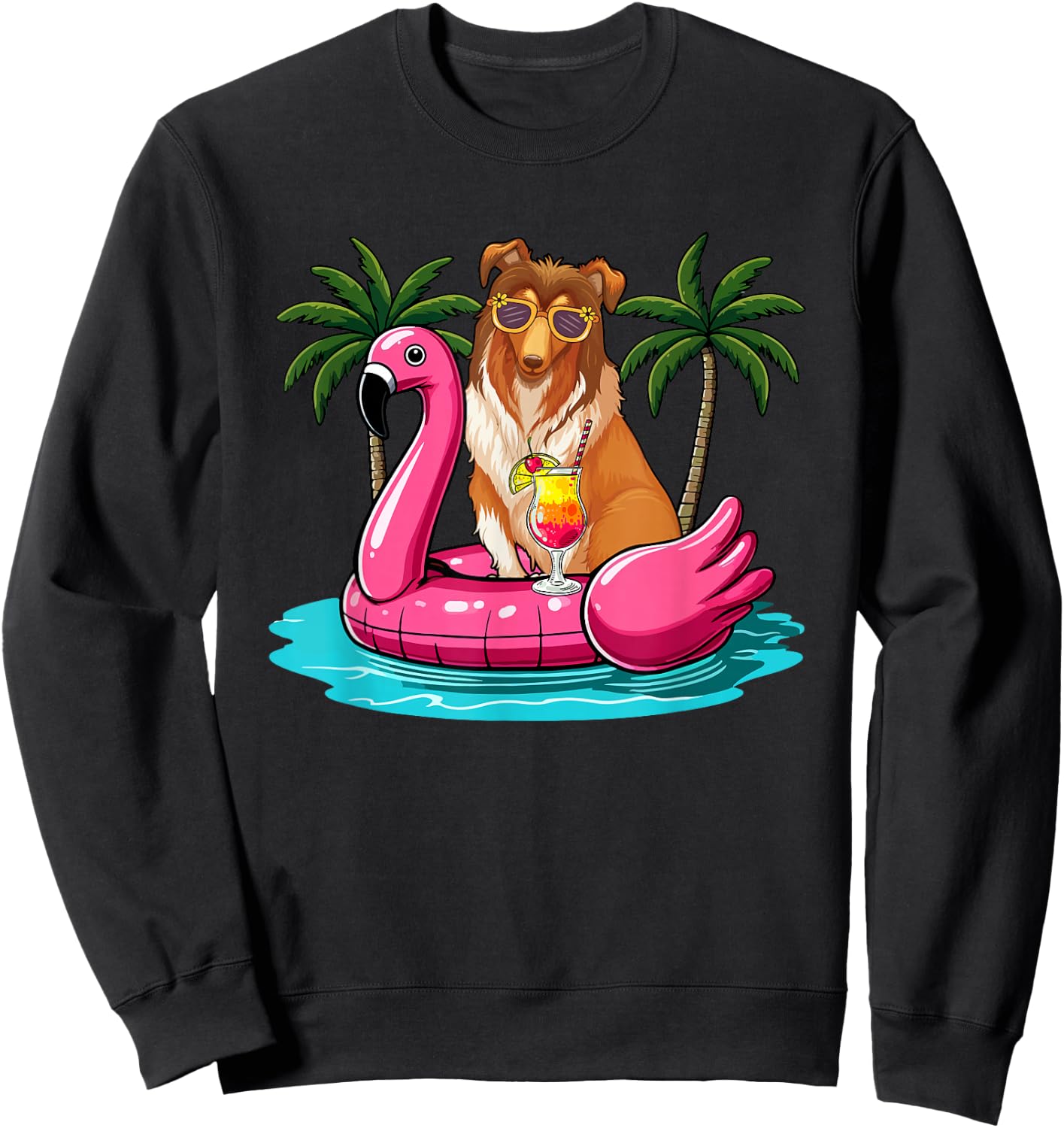 Sheltie Sunglasses On Flamingo Cute Float Costume Summer Sweatshirt - Sweatshirt | Black
