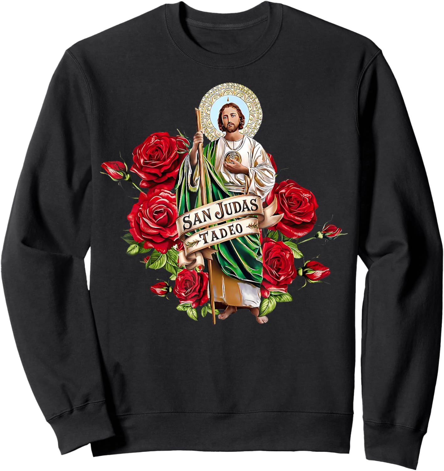 Girls Women Red Roses San Judas Tadeo Con Bandera De Mxico Sweatshirt - Sweatshirt | Black