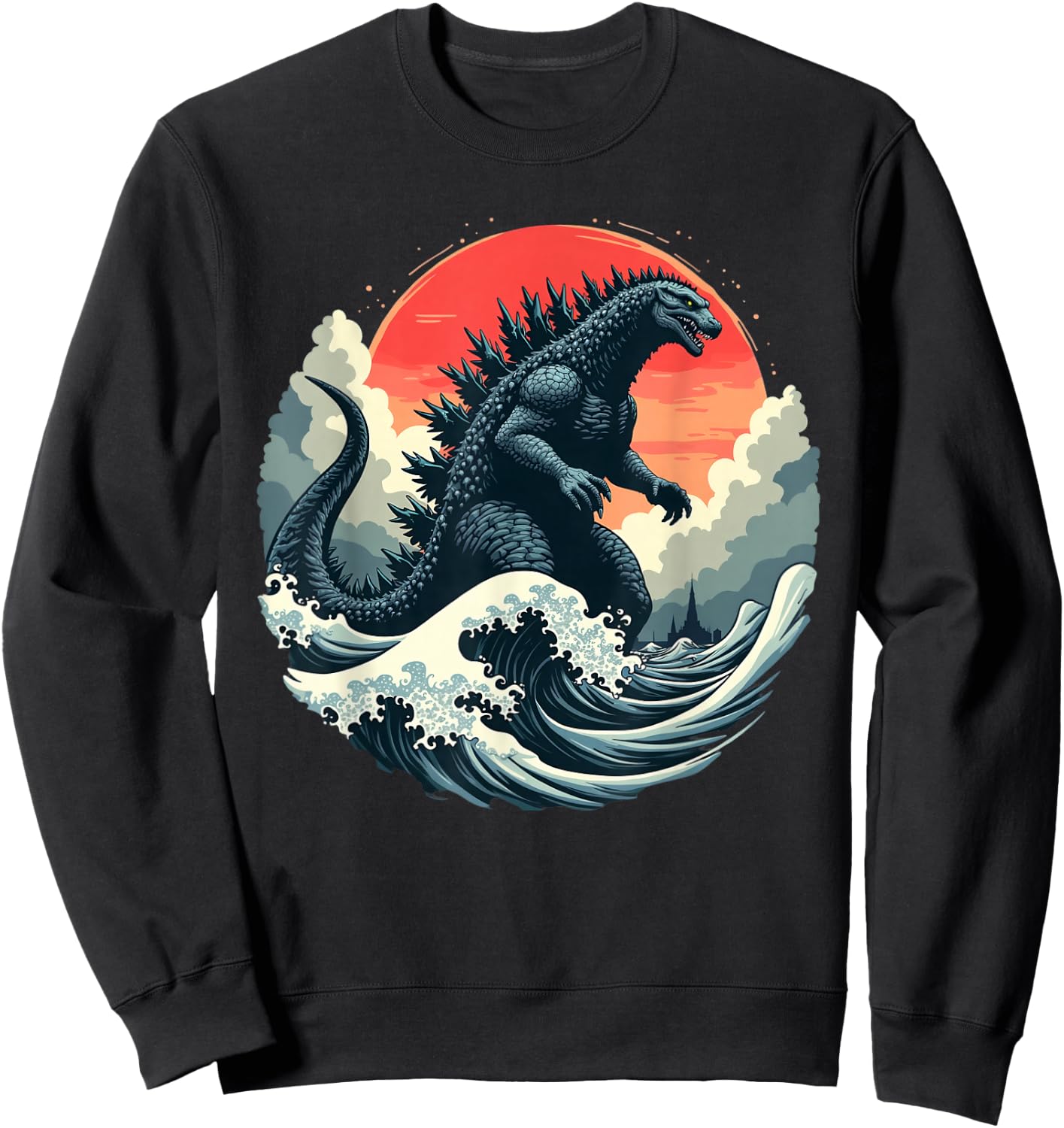 Vintage Japanese Kaiju Monster The Great Wave Off Kanagawa Sweatshirt - Sweatshirt | Black