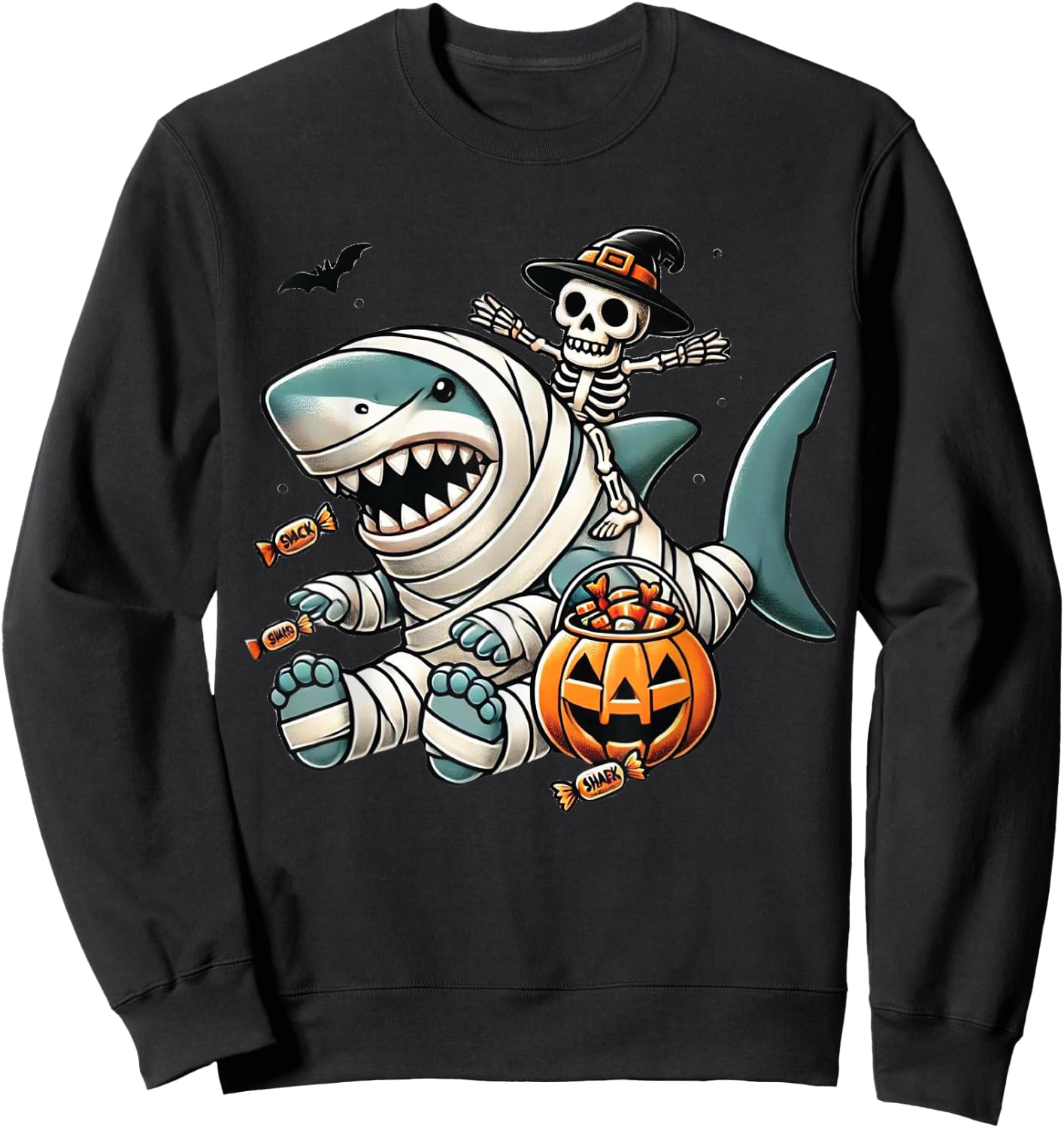 Skeleton Riding Shark Funny Halloween Pumpkin Boys Kids Sweatshirt - Sweatshirt | Black