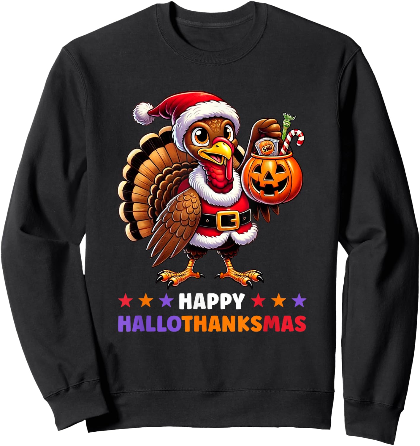 Happy HalloThanksMas Halloween Thanksgiving Xmas Funny Sweatshirt - Sweatshirt | Black
